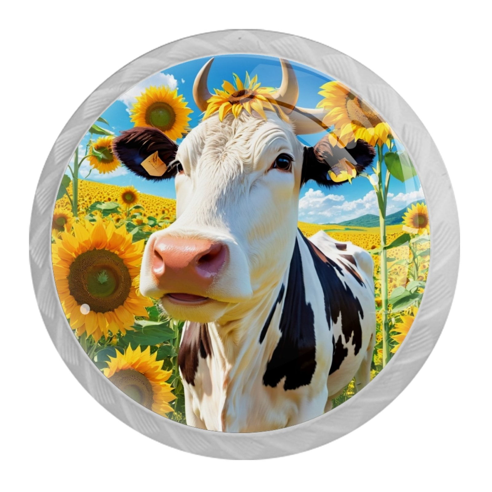 4 Pcs Cow and Sunflower Knobs for Kitchen Cabinet Cupboard Dresser Bookcase Drawer Pulls Handles Round Home Decor