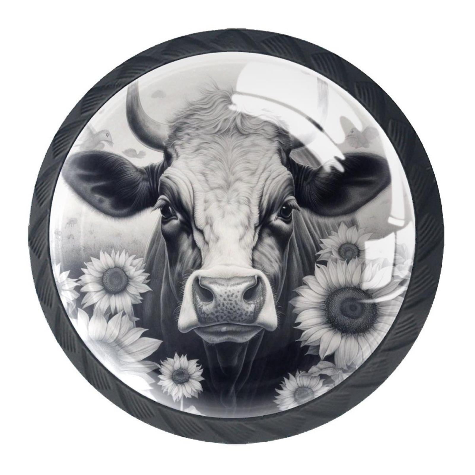 4 Pcs Cow and Sunflower Knobs for Kitchen Cabinet Cupboard Dresser Bookcase Drawer Pulls Handles Round Home Decor