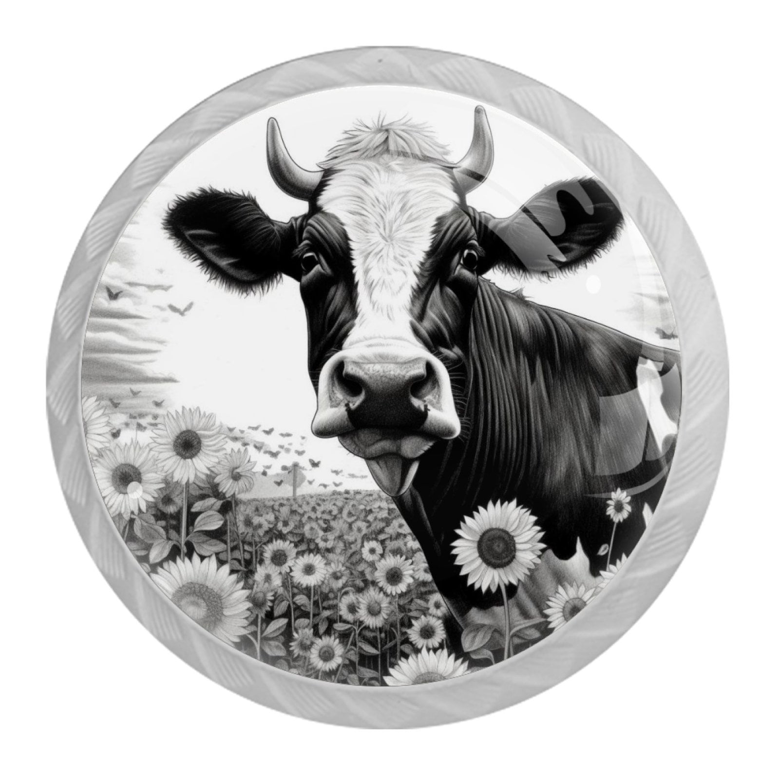 4 Pcs Cow and Sunflower Knobs for Kitchen Cabinet Cupboard Dresser Bookcase Drawer Pulls Handles Round Home Decor