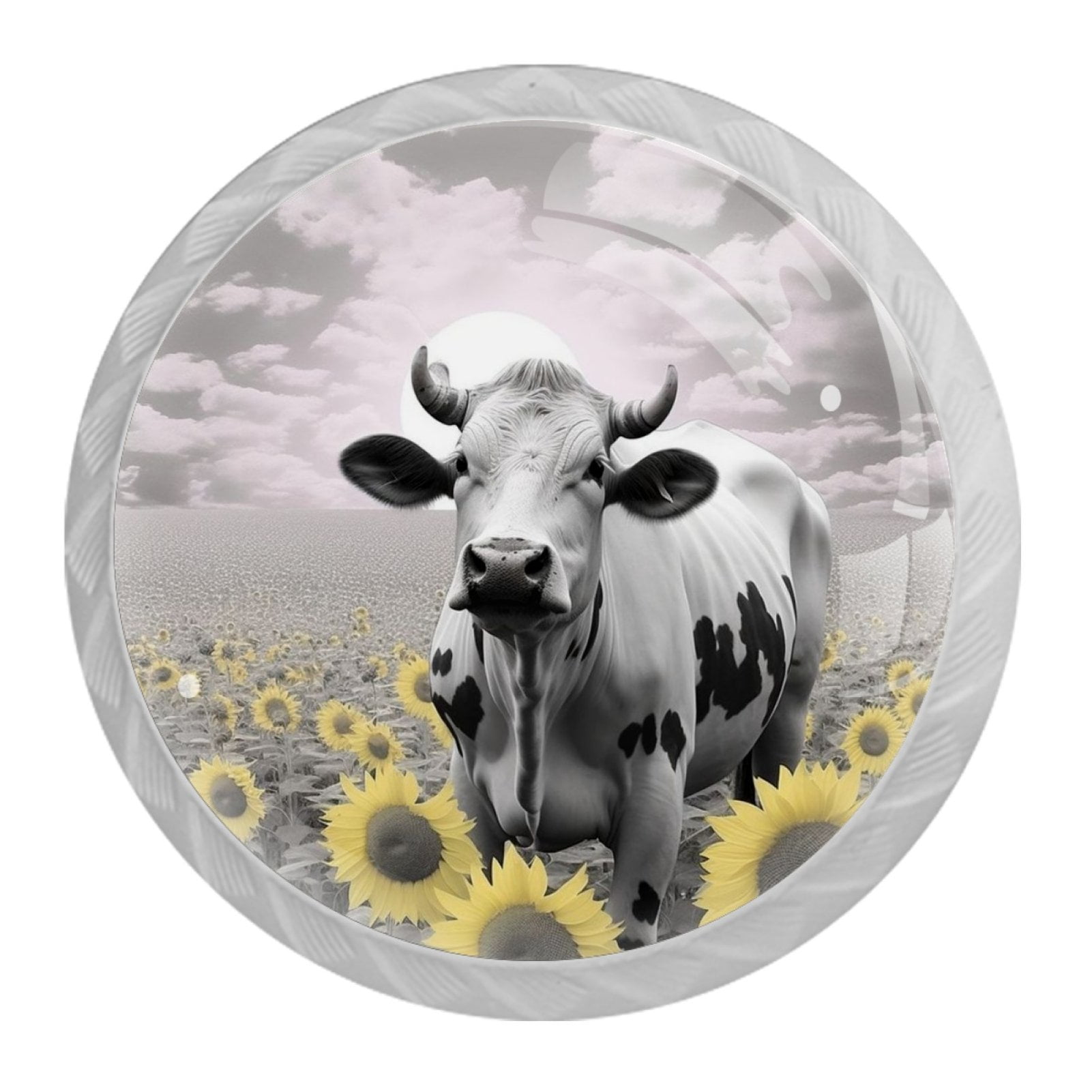 4 Pcs Cow and Sunflower Knobs for Kitchen Cabinet Cupboard Dresser Bookcase Drawer Pulls Handles Round Home Decor
