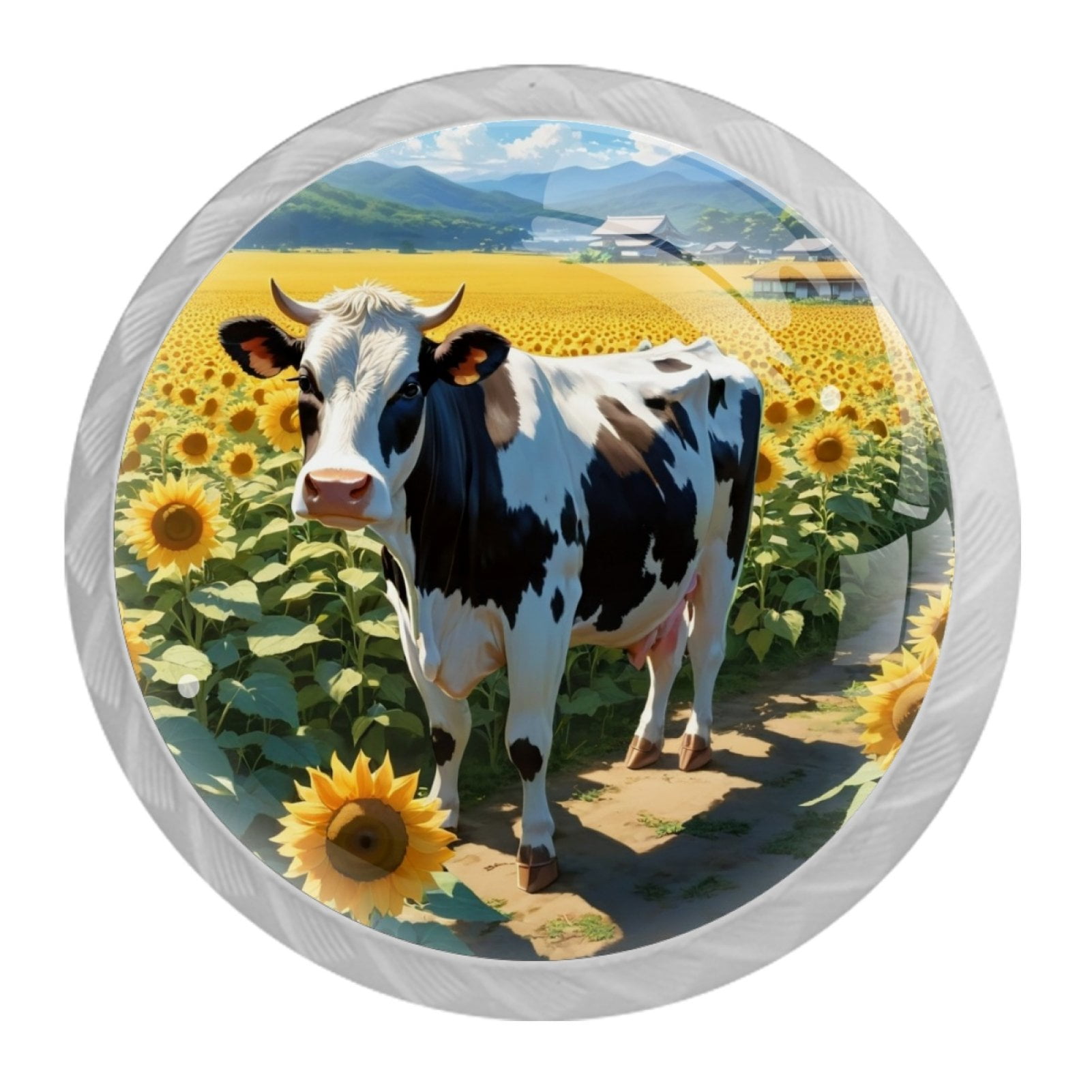 4 Pcs Cow and Sunflower Knobs for Kitchen Cabinet Cupboard Dresser Bookcase Drawer Pulls Handles Round Home Decor