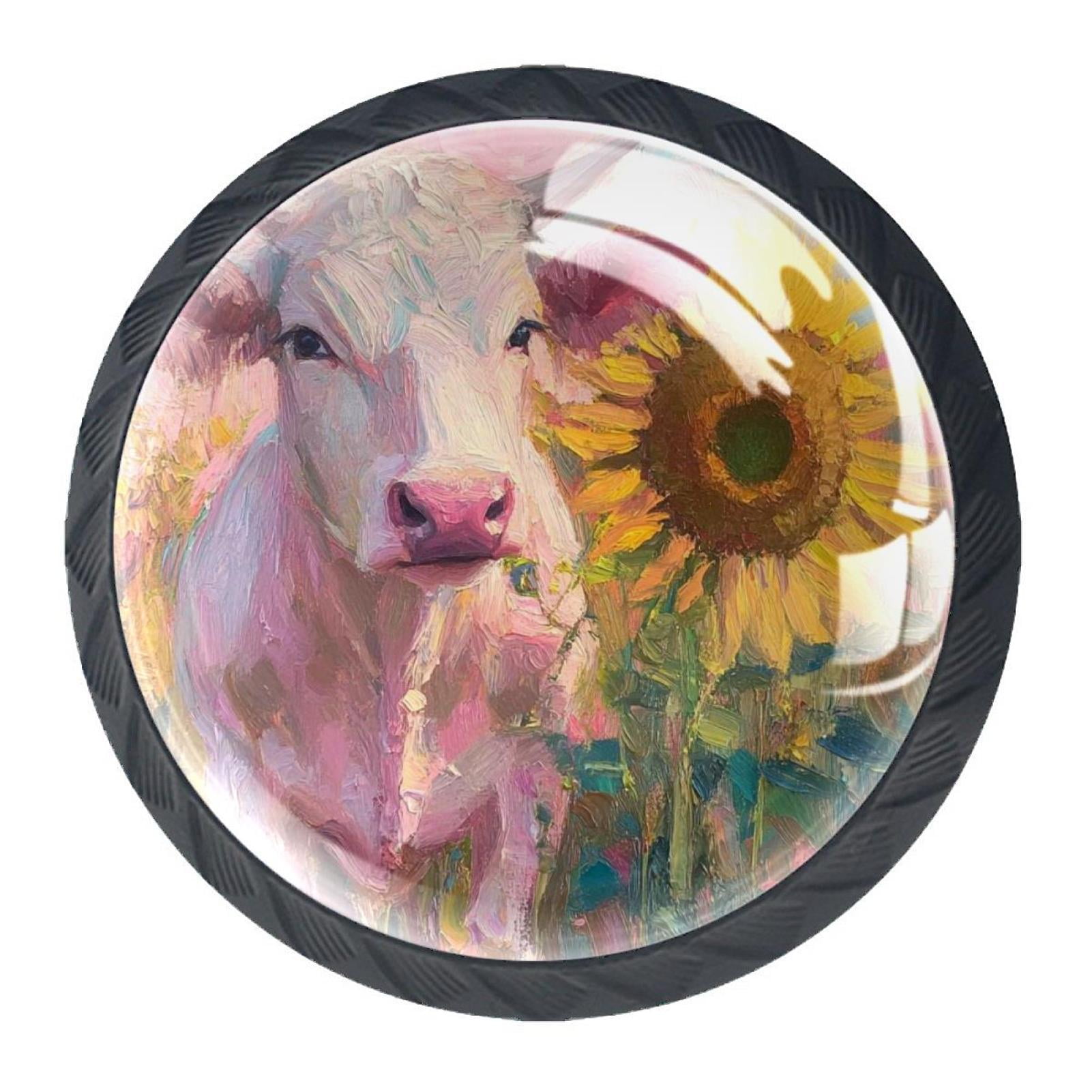 4 Pcs Cow and Sunflower Knobs for Kitchen Cabinet Cupboard Dresser Bookcase Drawer Pulls Handles Round Home Decor