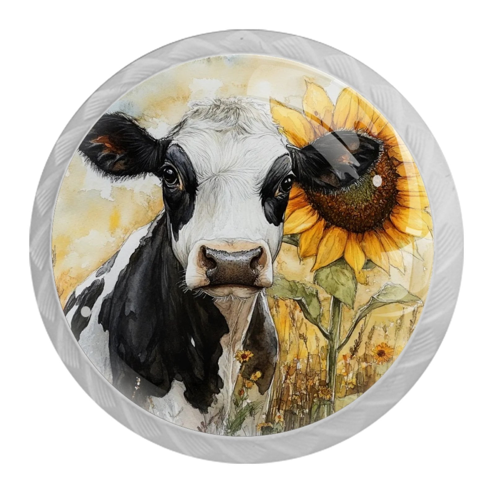 4 Pcs Cow and Sunflower Knobs for Kitchen Cabinet Cupboard Dresser Bookcase Drawer Pulls Handles Round Home Decor