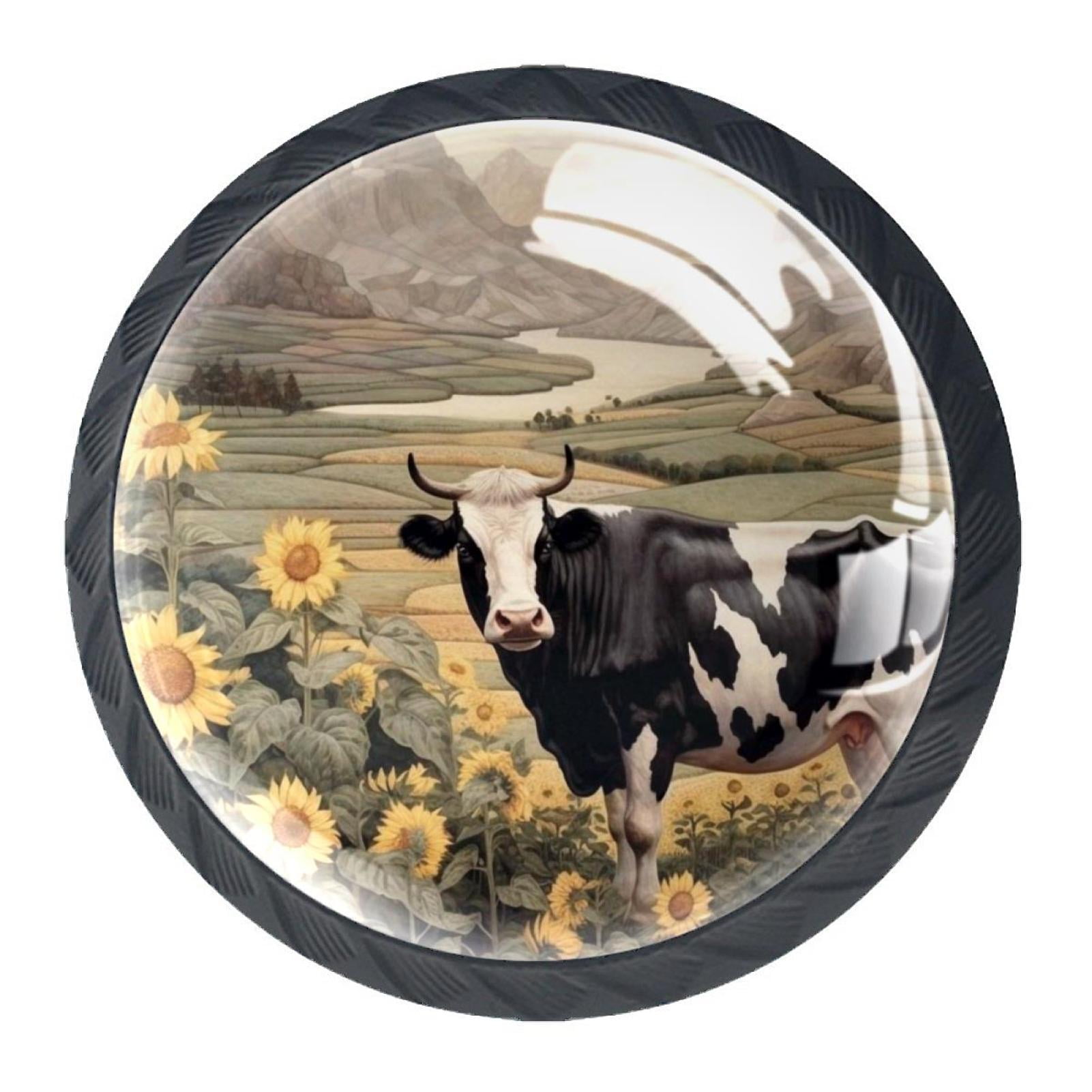 4 Pcs Cow and Sunflower Knobs for Kitchen Cabinet Cupboard Dresser Bookcase Drawer Pulls Handles Round Home Decor