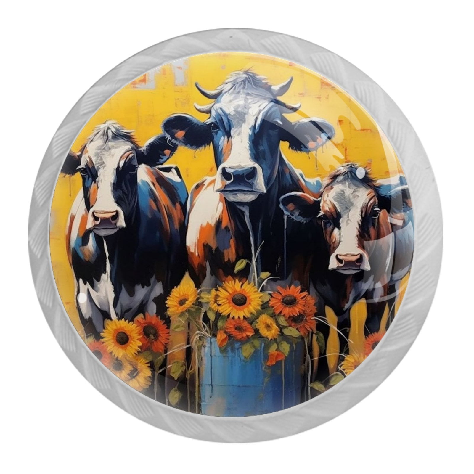 4 Pcs Cow and Sunflower Knobs for Kitchen Cabinet Cupboard Dresser Bookcase Drawer Pulls Handles Round Home Decor