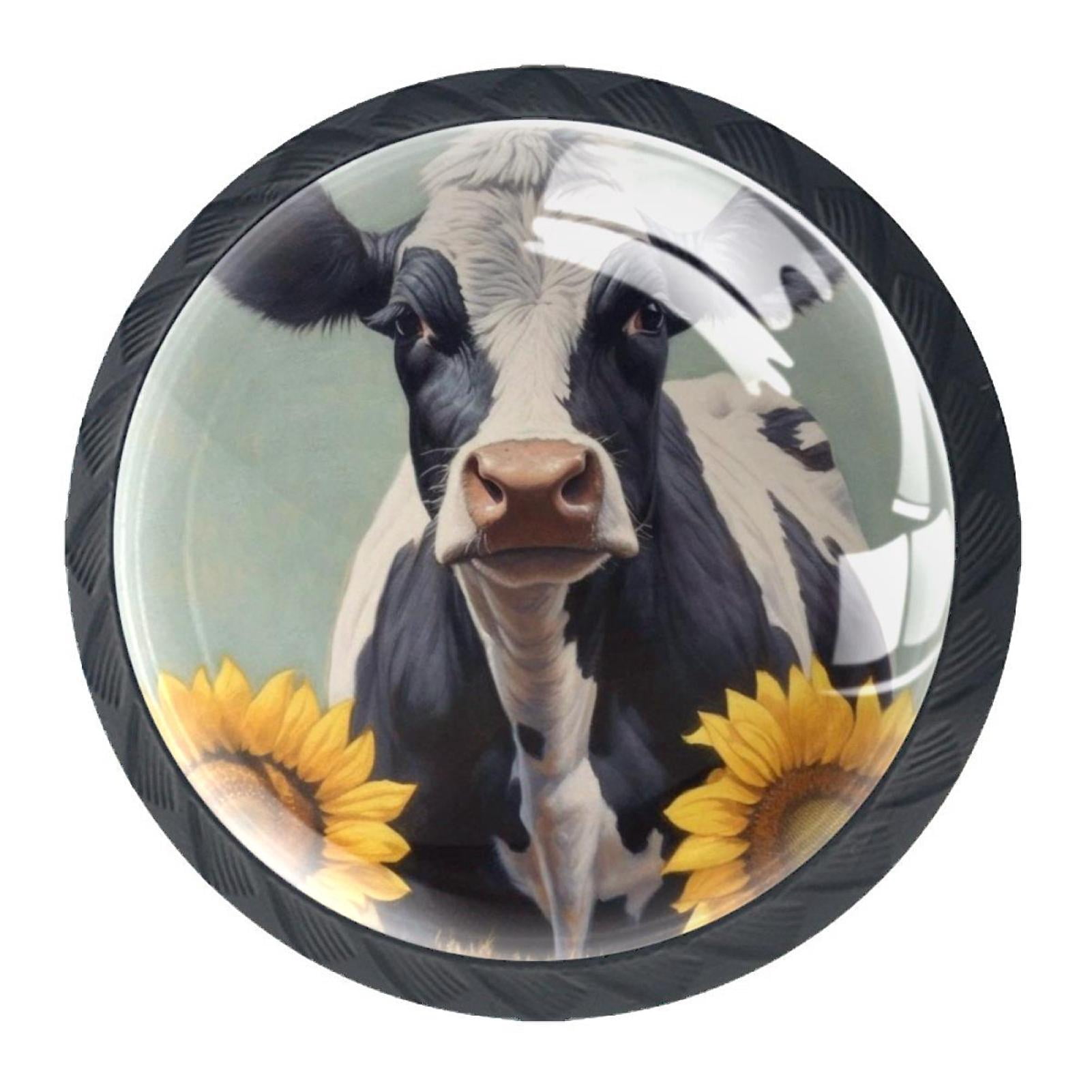 4 Pcs Cow and Sunflower Knobs for Kitchen Cabinet Cupboard Dresser Bookcase Drawer Pulls Handles Round Home Decor