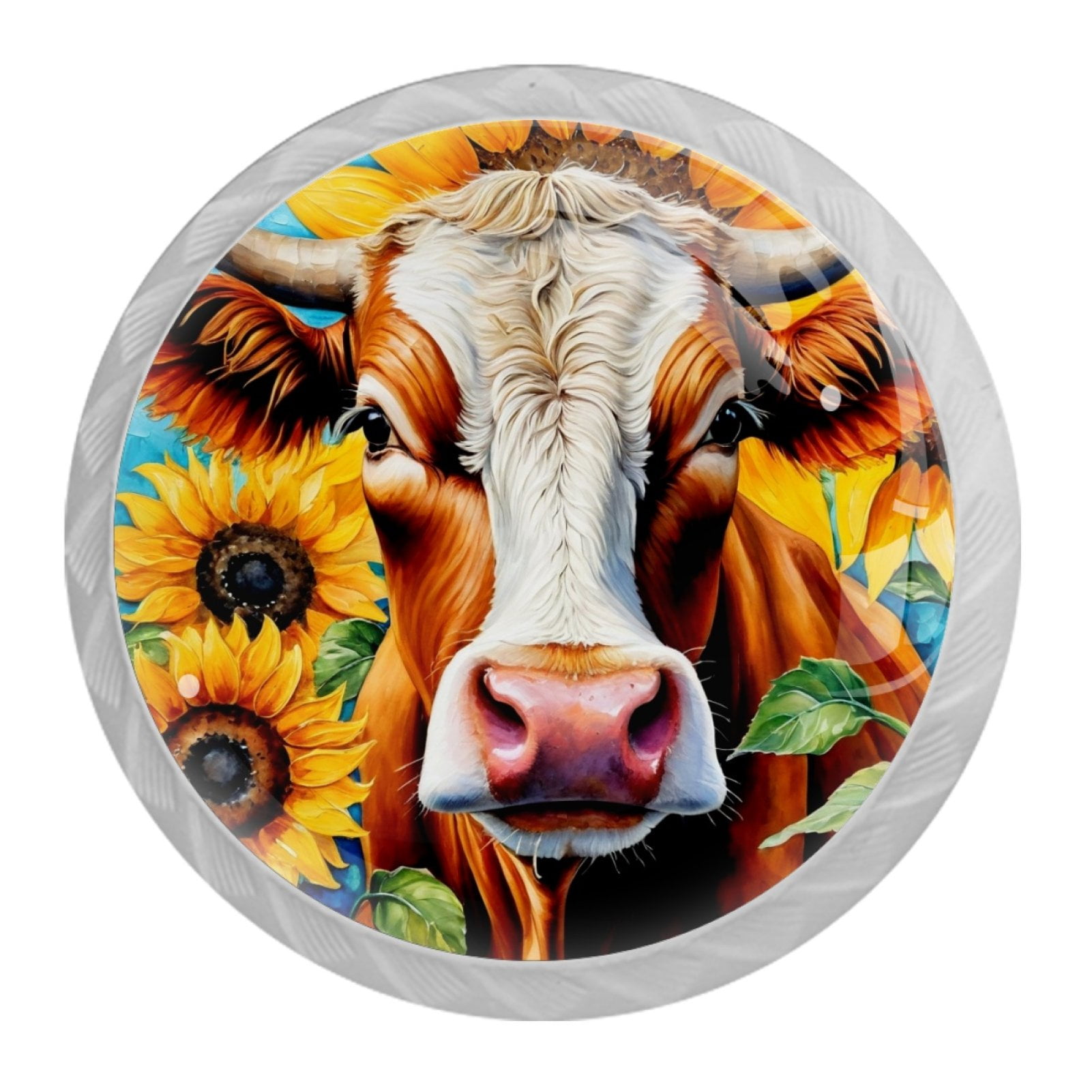 4 Pcs Cow and Sunflower Knobs for Kitchen Cabinet Cupboard Dresser Bookcase Drawer Pulls Handles Round Home Decor