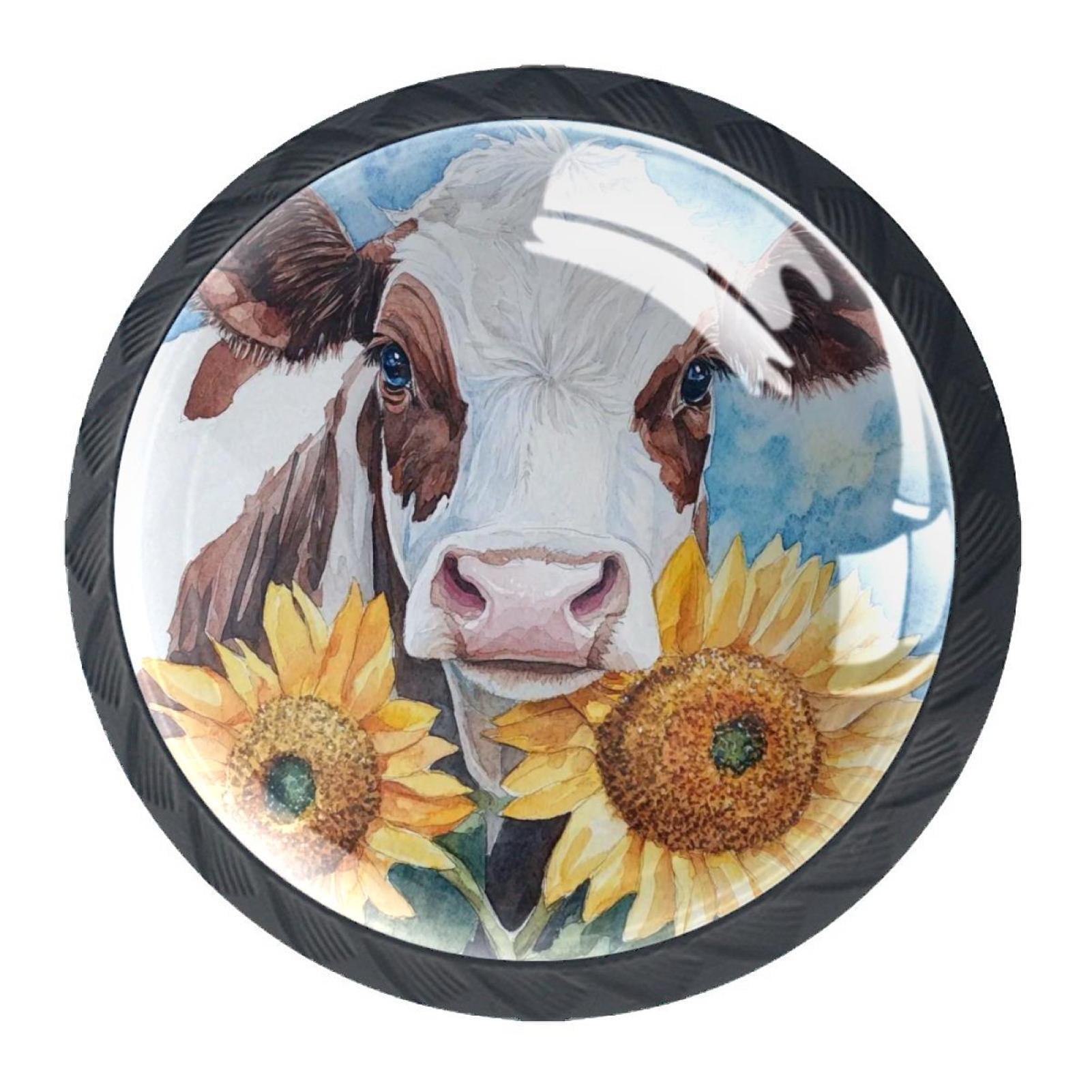 4 Pcs Cow and Sunflower Knobs for Kitchen Cabinet Cupboard Dresser Bookcase Drawer Pulls Handles Round Home Decor