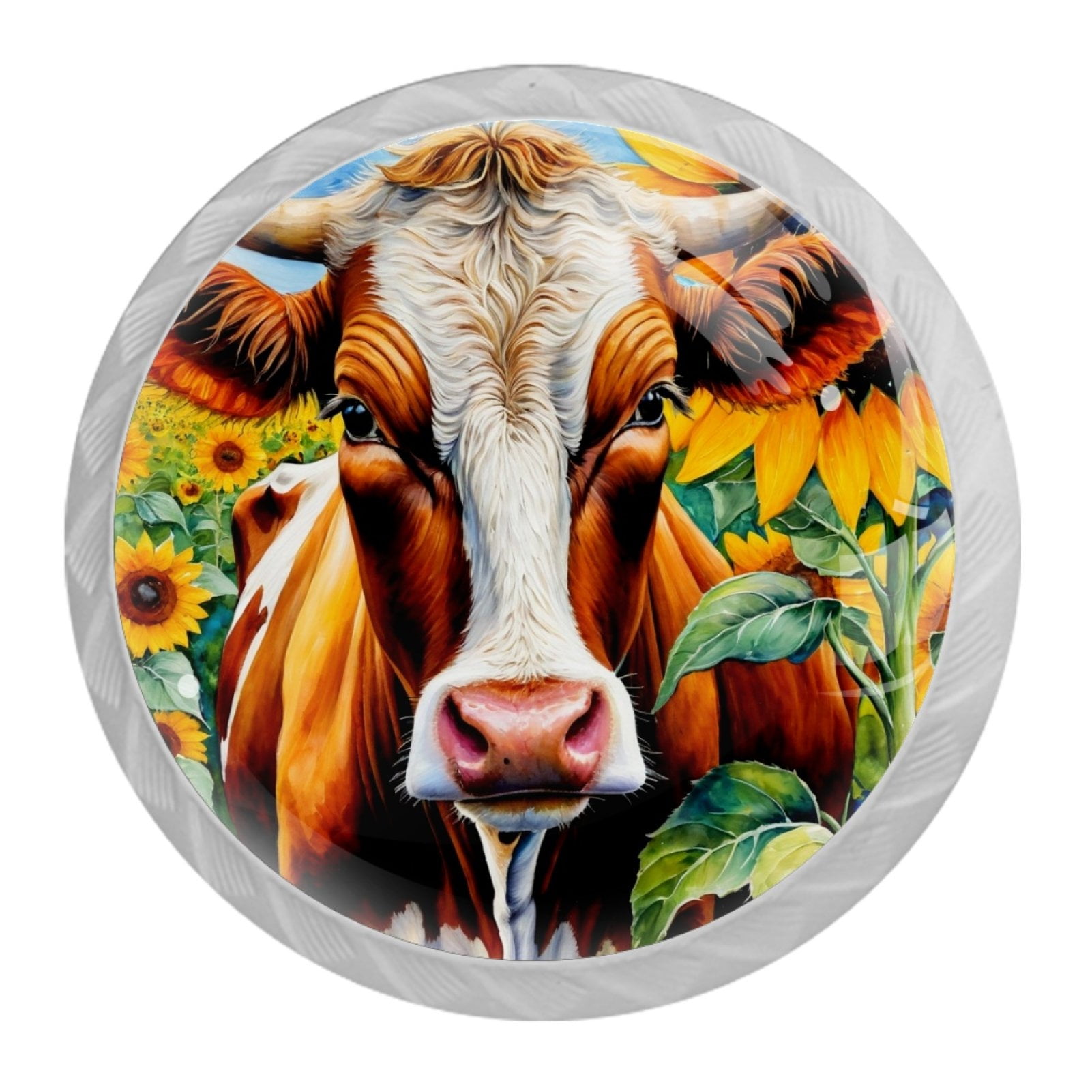 4 Pcs Cow and Sunflower Knobs for Kitchen Cabinet Cupboard Dresser Bookcase Drawer Pulls Handles Round Home Decor