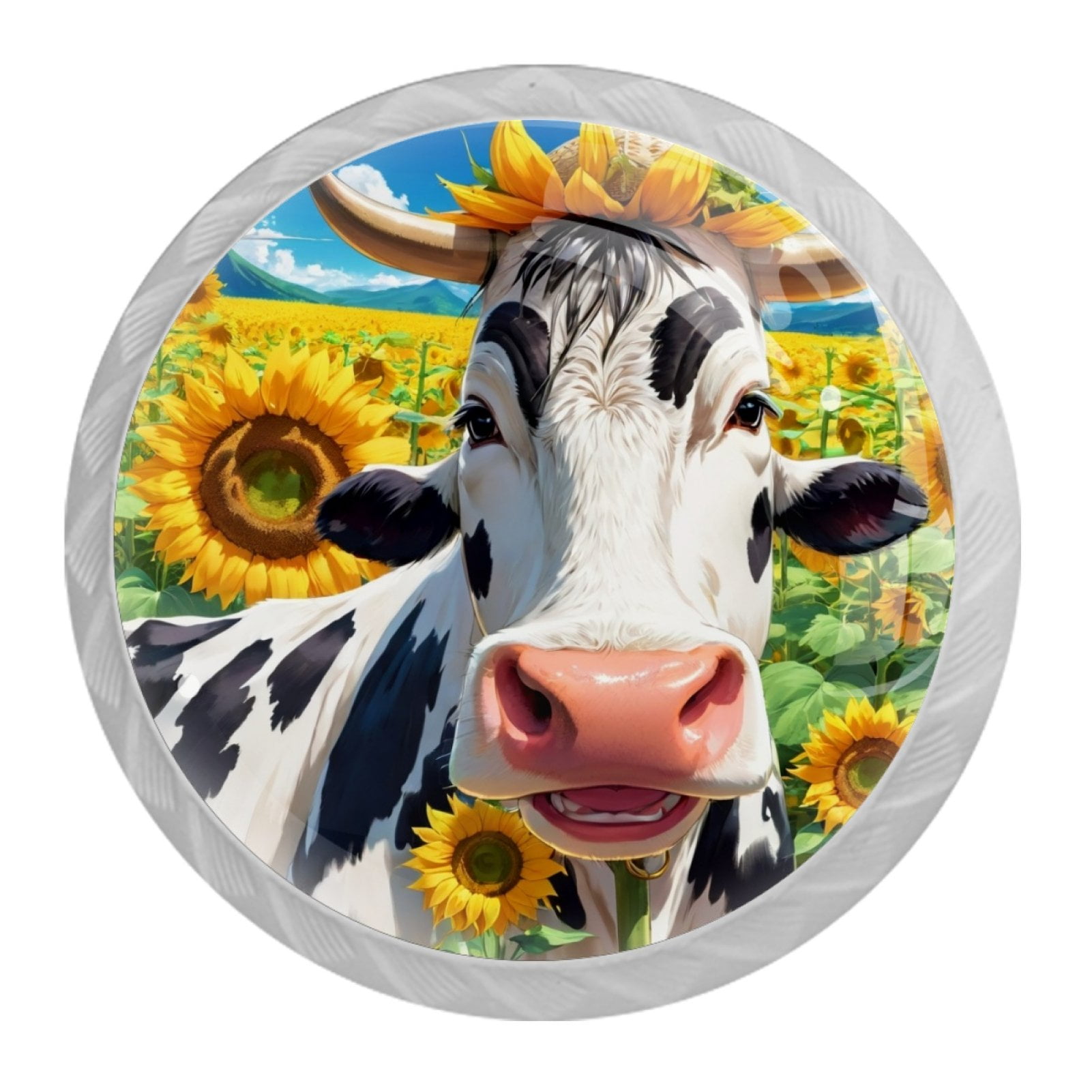 4 Pcs Cow and Sunflower Knobs for Kitchen Cabinet Cupboard Dresser Bookcase Drawer Pulls Handles Round Home Decor