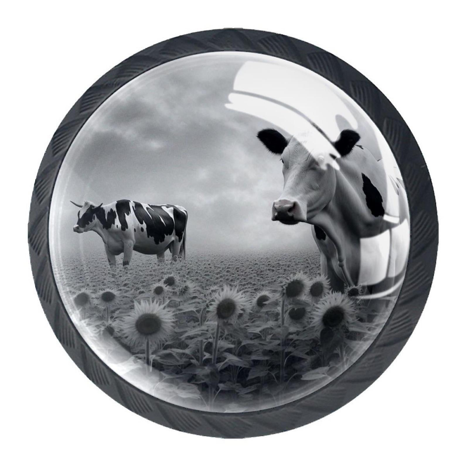 4 Pcs Cow and Sunflower Knobs for Kitchen Cabinet Cupboard Dresser Bookcase Drawer Pulls Handles Round Home Decor