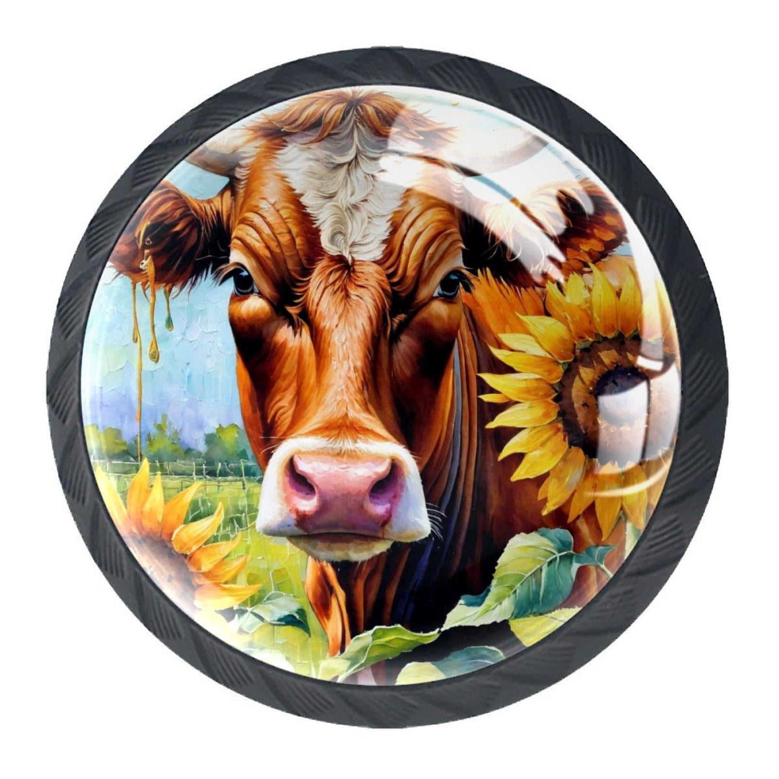 4 Pcs Cow and Sunflower Knobs for Kitchen Cabinet Cupboard Dresser Bookcase Drawer Pulls Handles Round Home Decor