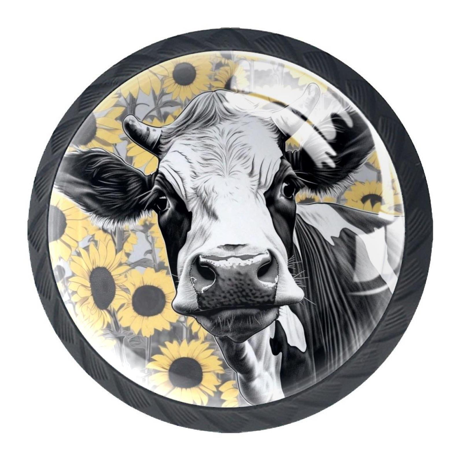 4 Pcs Cow and Sunflower Knobs for Kitchen Cabinet Cupboard Dresser Bookcase Drawer Pulls Handles Round Home Decor