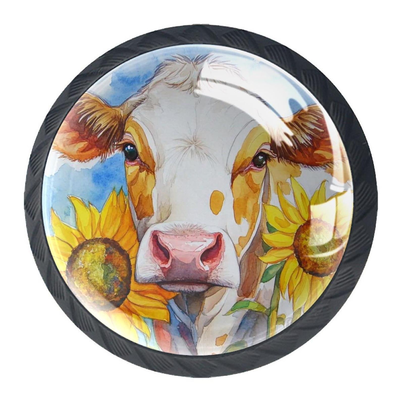 4 Pcs Cow and Sunflower Knobs for Kitchen Cabinet Cupboard Dresser Bookcase Drawer Pulls Handles Round Home Decor