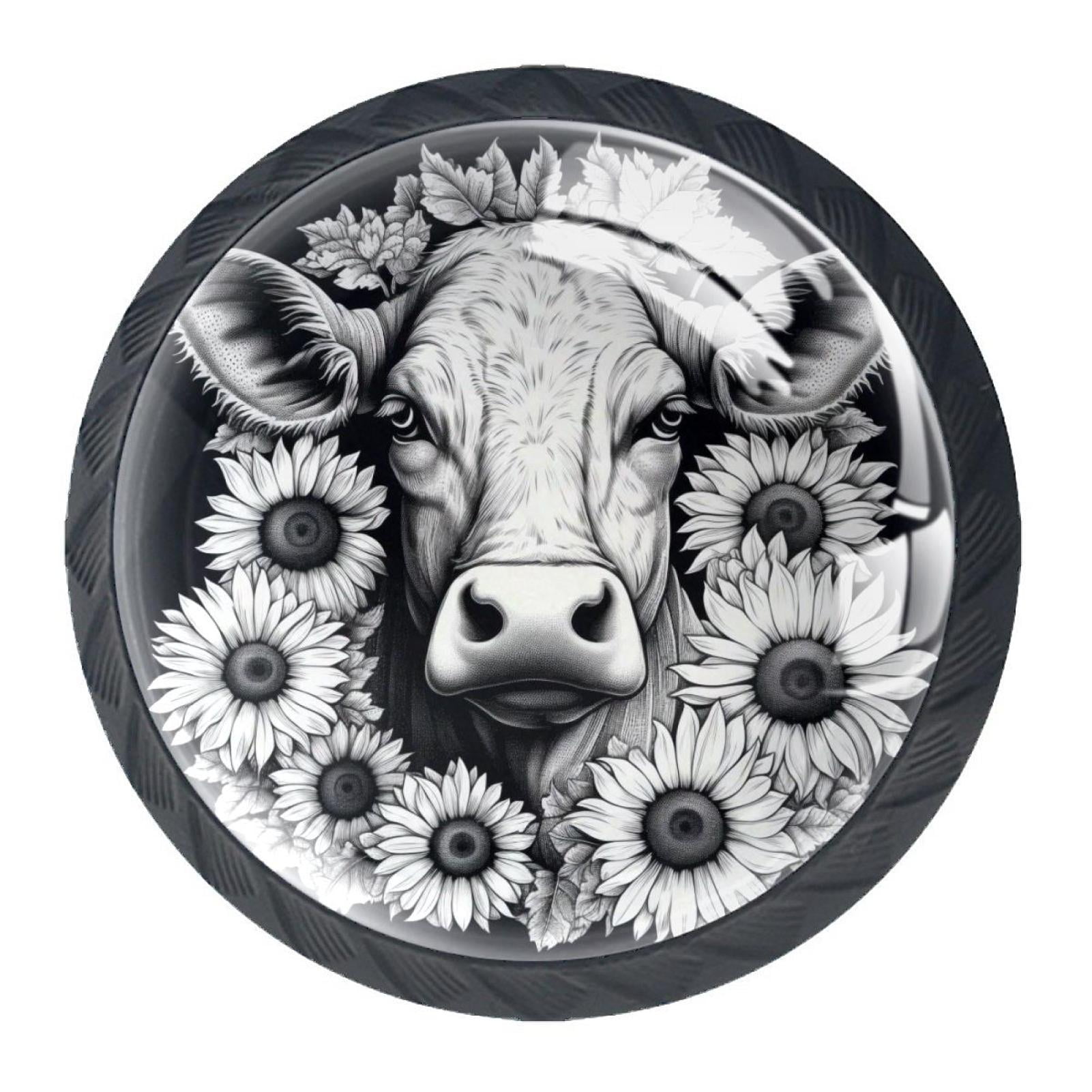 4 Pcs Cow and Sunflower Knobs for Kitchen Cabinet Cupboard Dresser Bookcase Drawer Pulls Handles Round Home Decor