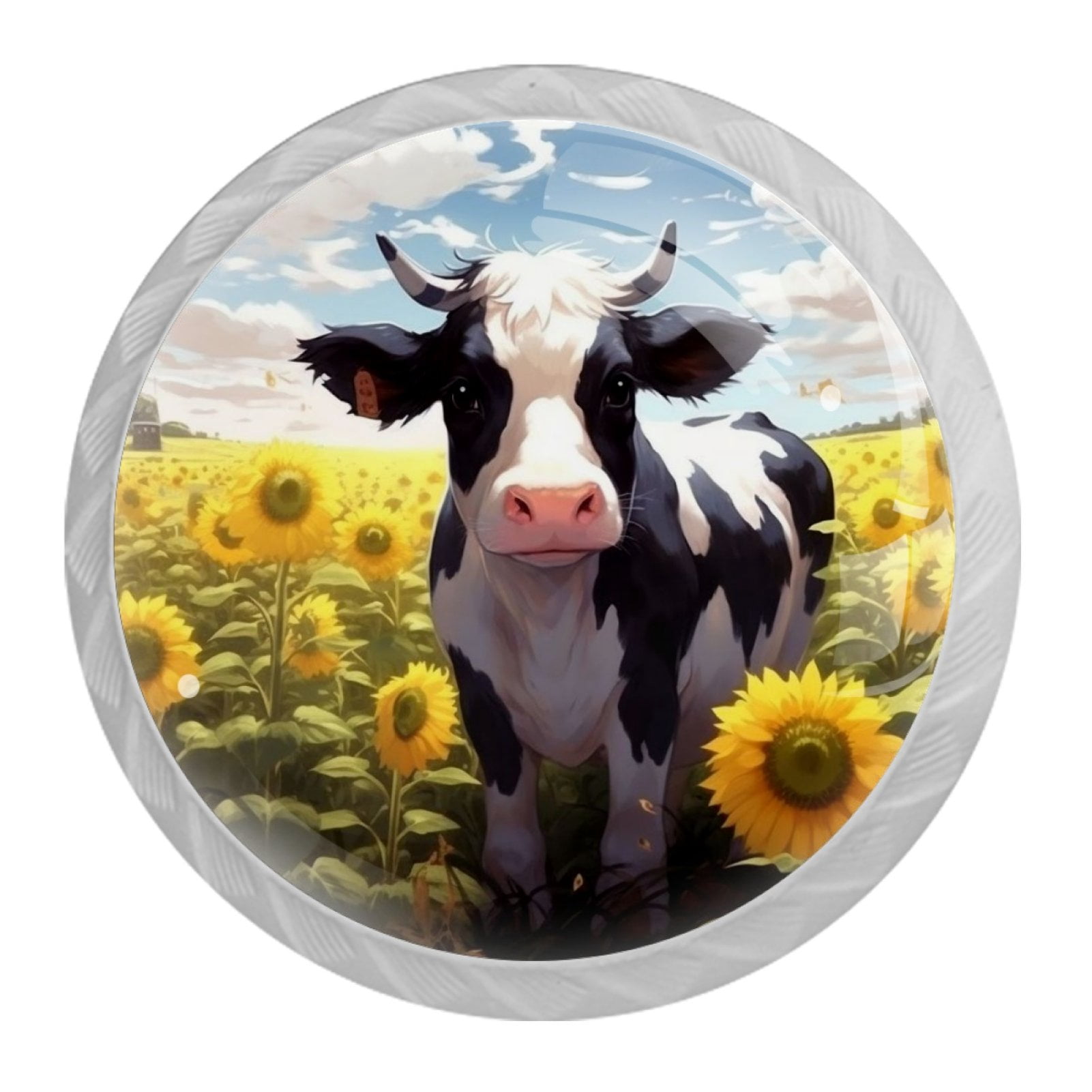 4 Pcs Cow and Sunflower Knobs for Kitchen Cabinet Cupboard Dresser Bookcase Drawer Pulls Handles Round Home Decor