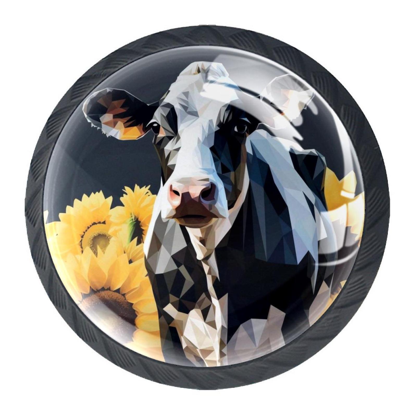 4 Pcs Cow and Sunflower Knobs for Kitchen Cabinet Cupboard Dresser Bookcase Drawer Pulls Handles Round Home Decor