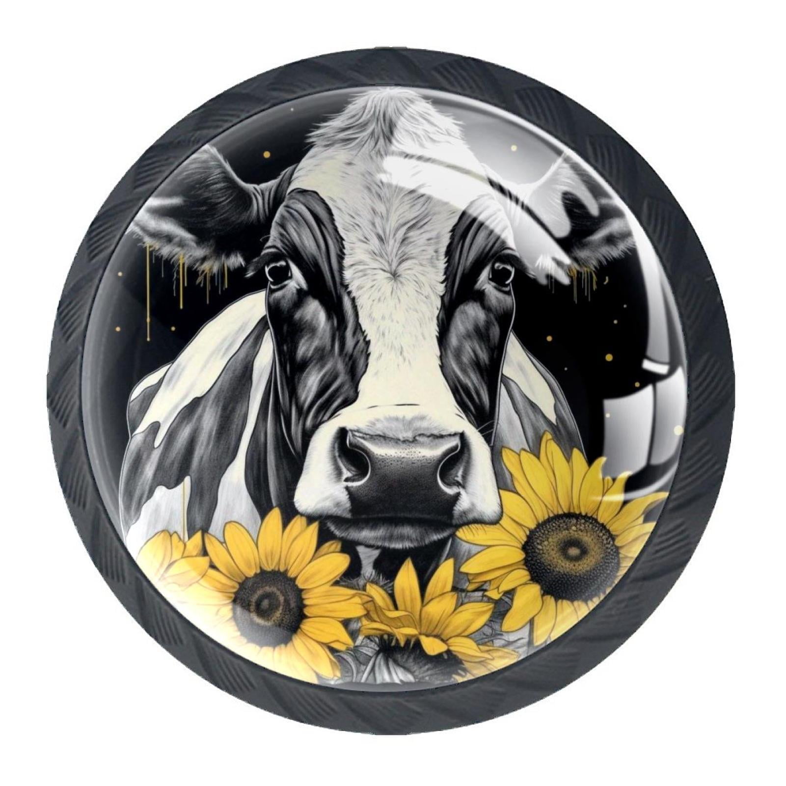 4 Pcs Cow and Sunflower Knobs for Kitchen Cabinet Cupboard Dresser Bookcase Drawer Pulls Handles Round Home Decor