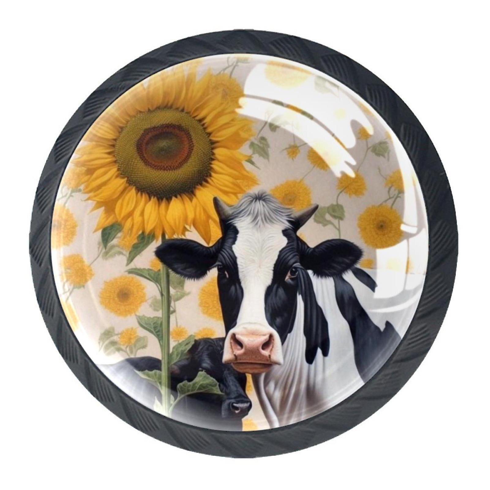 4 Pcs Cow and Sunflower Knobs for Kitchen Cabinet Cupboard Dresser Bookcase Drawer Pulls Handles Round Home Decor
