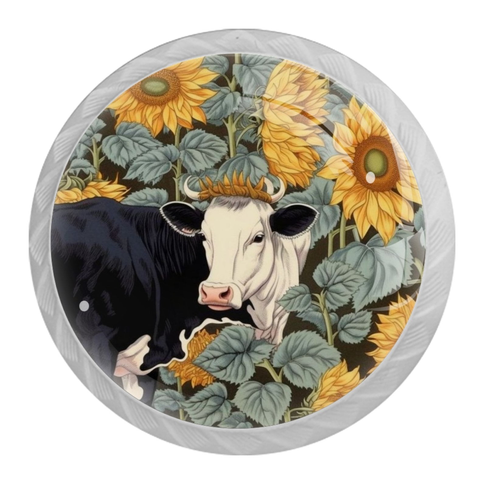 4 Pcs Cow and Sunflower Knobs for Kitchen Cabinet Cupboard Dresser Bookcase Drawer Pulls Handles Round Home Decor