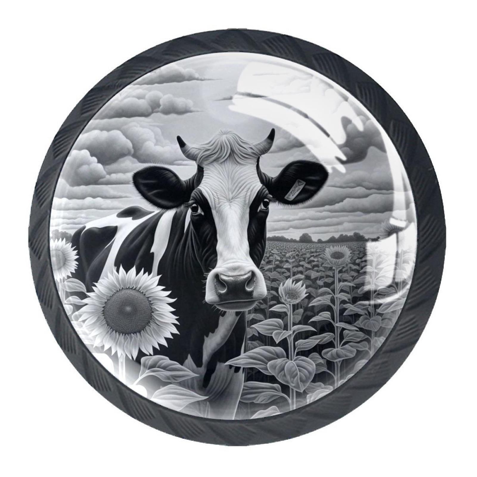 4 Pcs Cow and Sunflower Knobs for Kitchen Cabinet Cupboard Dresser Bookcase Drawer Pulls Handles Round Home Decor