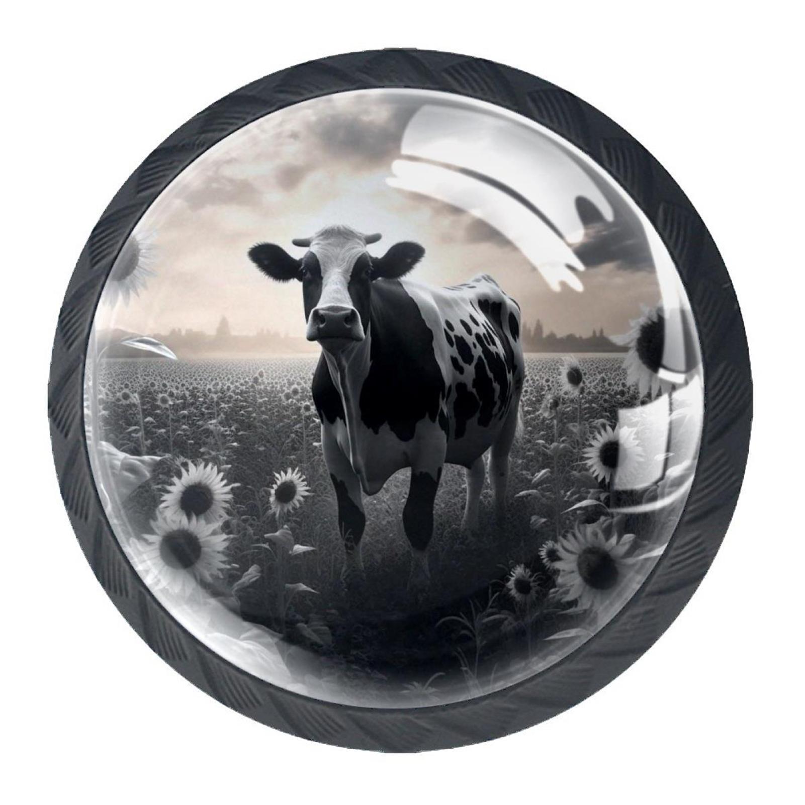 4 Pcs Cow and Sunflower Knobs for Kitchen Cabinet Cupboard Dresser Bookcase Drawer Pulls Handles Round Home Decor