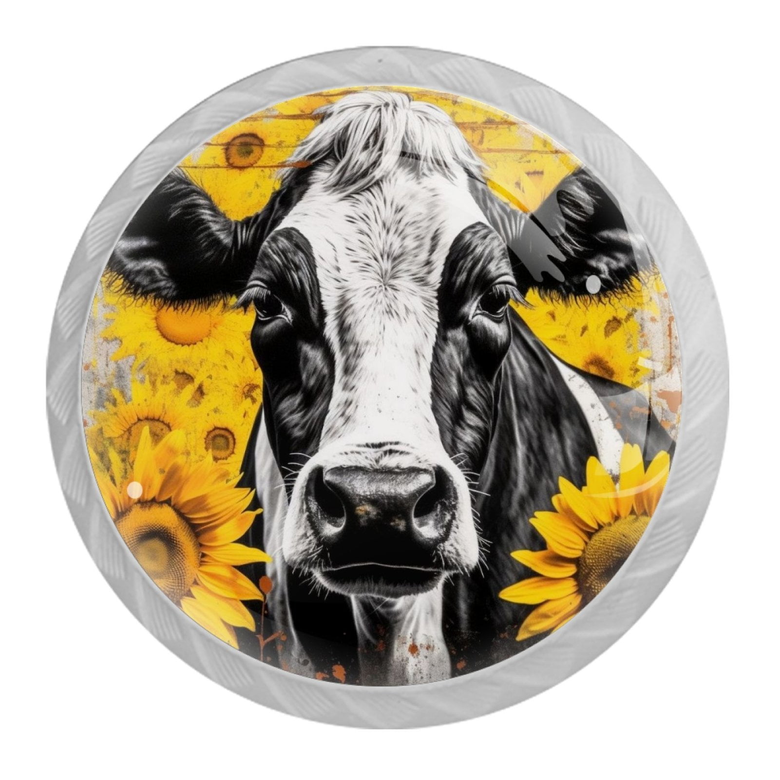 4 Pcs Cow and Sunflower Knobs for Kitchen Cabinet Cupboard Dresser Bookcase Drawer Pulls Handles Round Home Decor