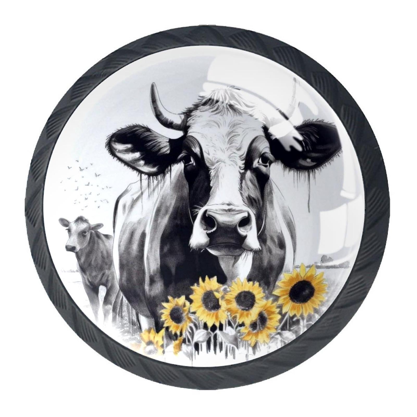 4 Pcs Cow and Sunflower Knobs for Kitchen Cabinet Cupboard Dresser Bookcase Drawer Pulls Handles Round Home Decor
