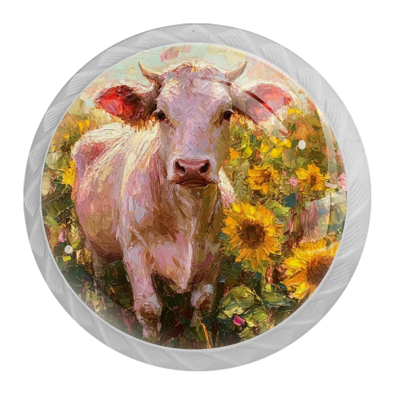 4 Pcs Cow and Sunflower Knobs for Kitchen Cabinet Cupboard Dresser Bookcase Drawer Pulls Handles Round Home Decor