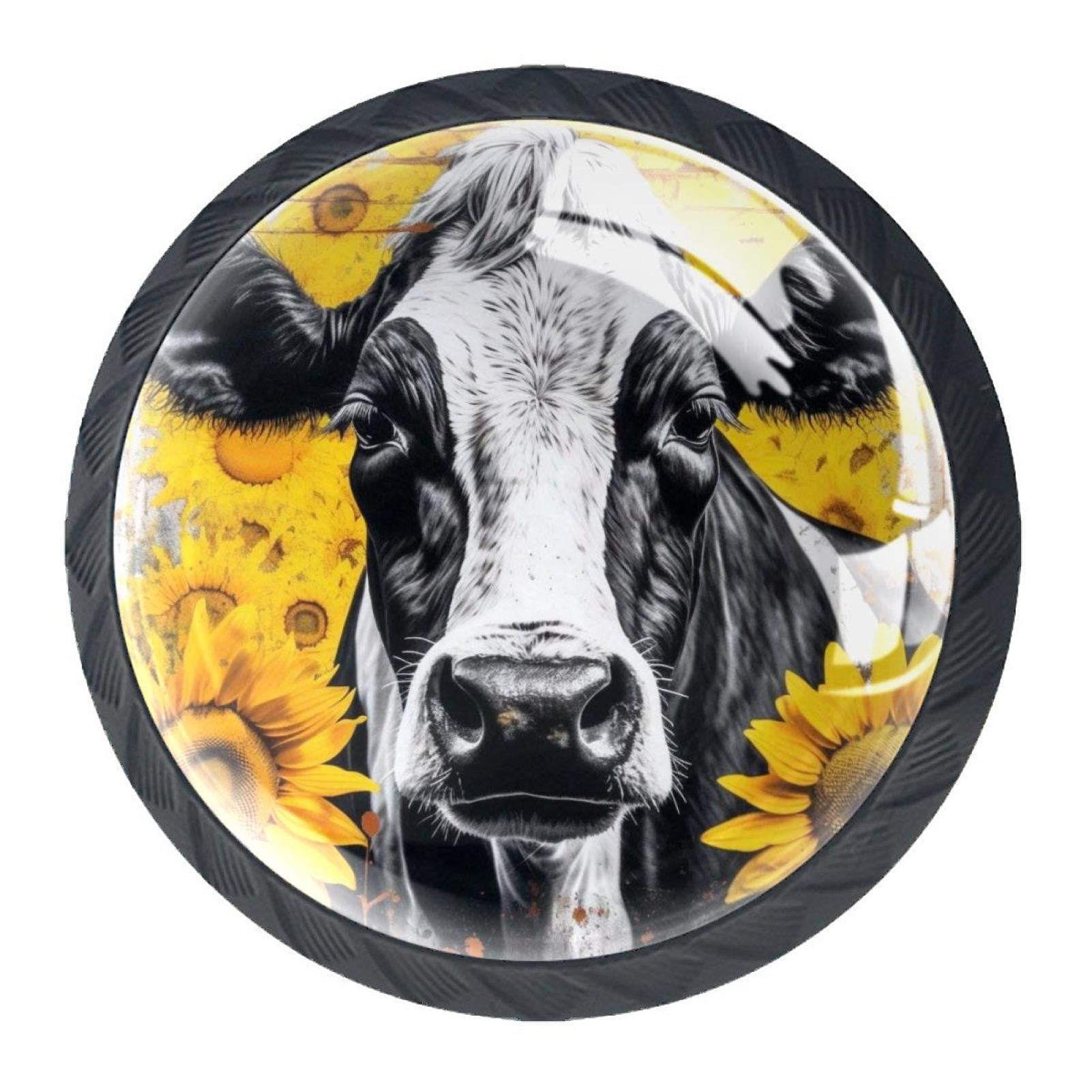 4 Pcs Cow and Sunflower Knobs for Kitchen Cabinet Cupboard Dresser Bookcase Drawer Pulls Handles Round Home Decor