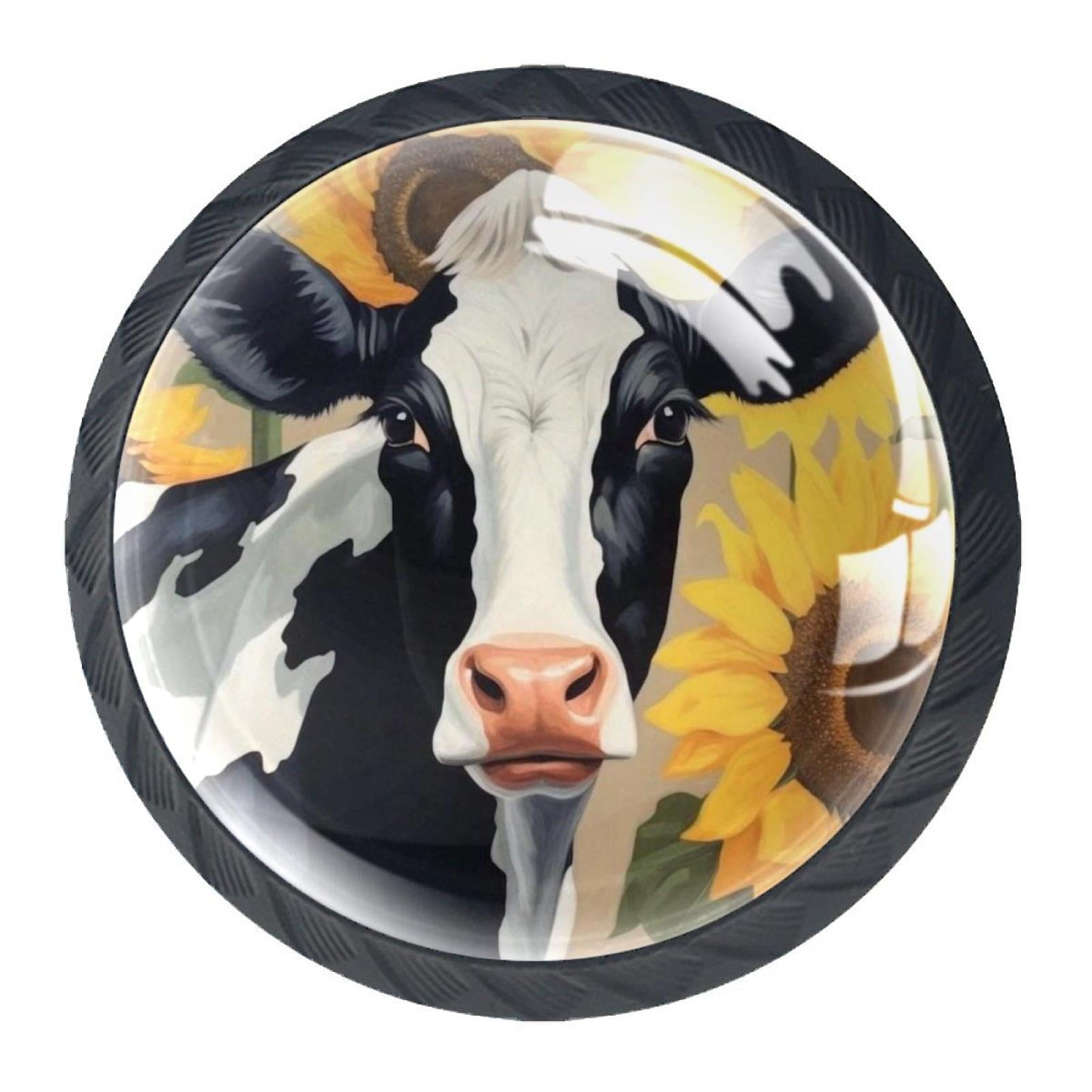 4 Pcs Cow and Sunflower Knobs for Kitchen Cabinet Cupboard Dresser Bookcase Drawer Pulls Handles Round Home Decor
