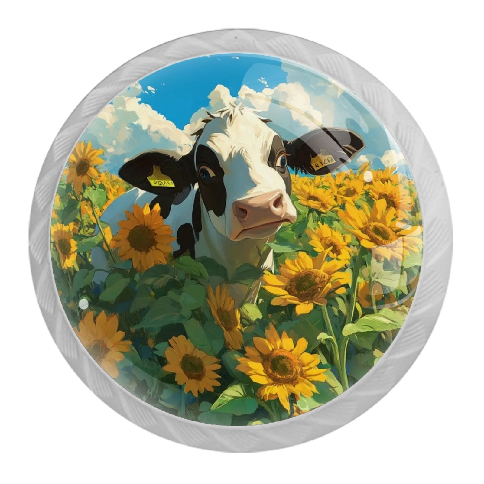 4 Pcs Cow and Sunflower Knobs for Kitchen Cabinet Cupboard Dresser Bookcase Drawer Pulls Handles Round Home Decor