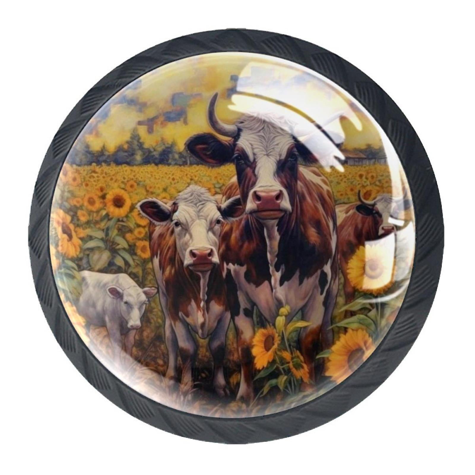 4 Pcs Cow and Sunflower Knobs for Kitchen Cabinet Cupboard Dresser Bookcase Drawer Pulls Handles Round Home Decor