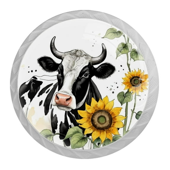 4 Pcs Cow and Sunflower Knobs for Kitchen Cabinet Cupboard Dresser Bookcase Drawer Pulls Handles Round Home Decor