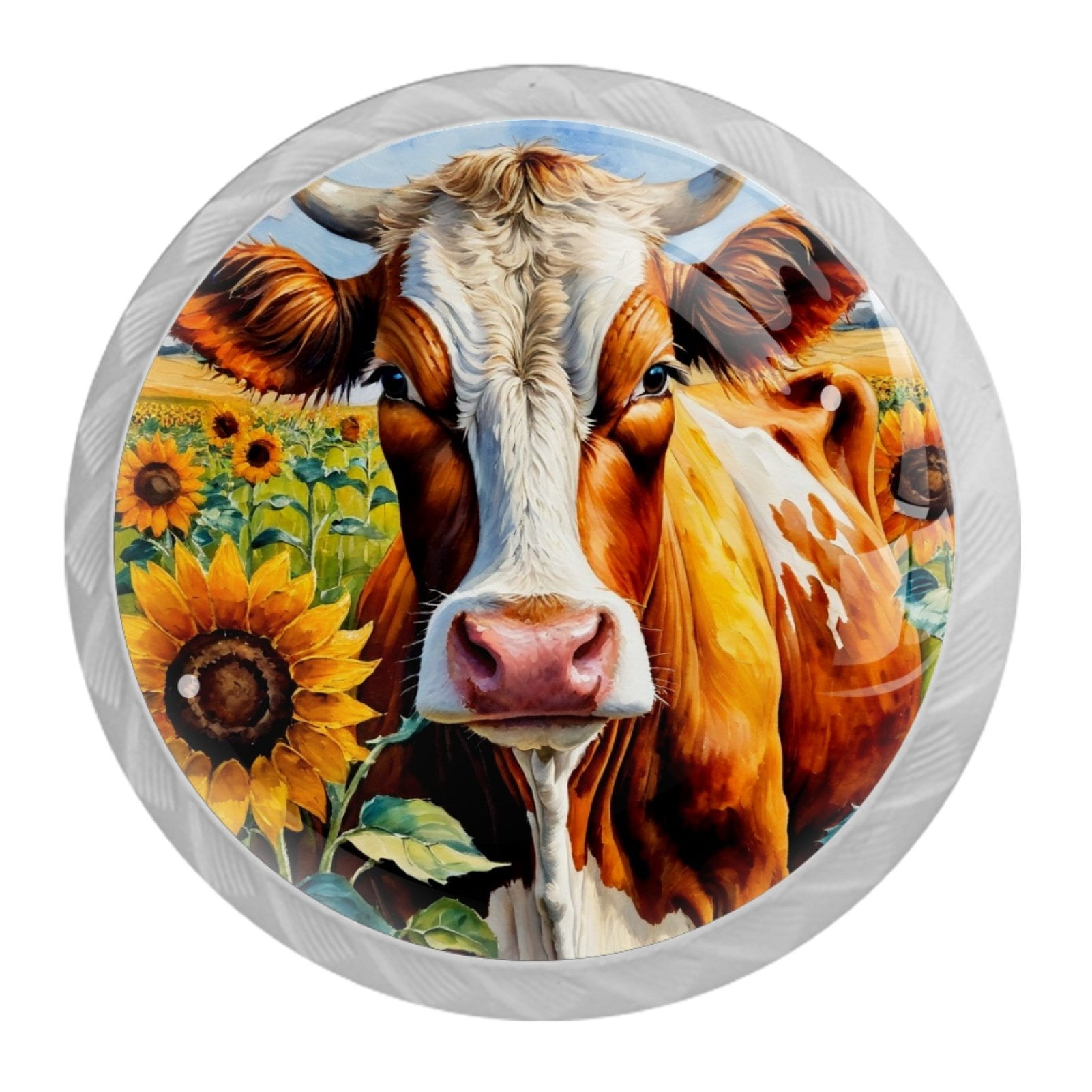 4 Pcs Cow and Sunflower Knobs for Kitchen Cabinet Cupboard Dresser Bookcase Drawer Pulls Handles Round Home Decor