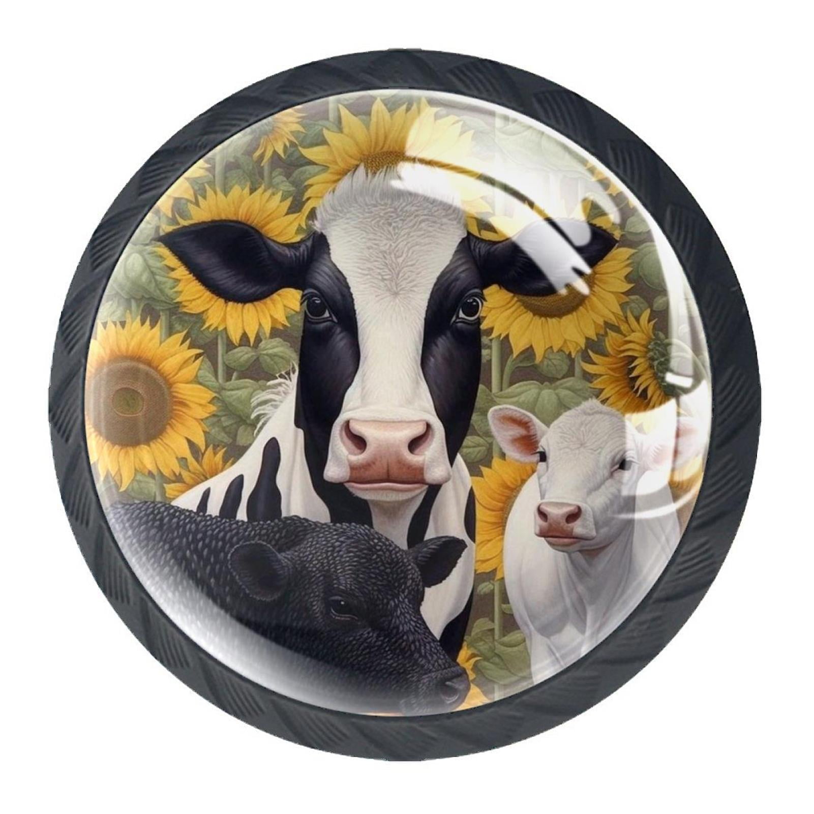 4 Pcs Cow and Sunflower Knobs for Kitchen Cabinet Cupboard Dresser Bookcase Drawer Pulls Handles Round Home Decor
