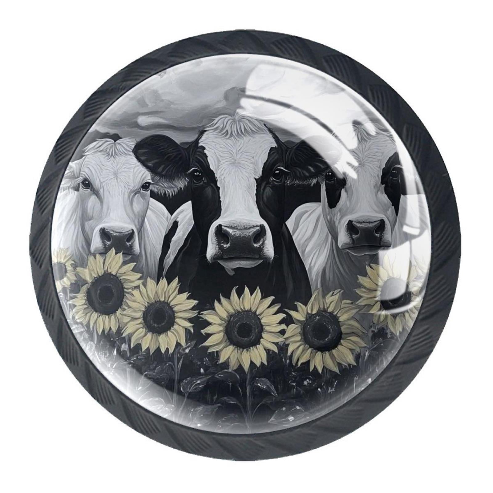 4 Pcs Cow and Sunflower Knobs for Kitchen Cabinet Cupboard Dresser Bookcase Drawer Pulls Handles Round Home Decor