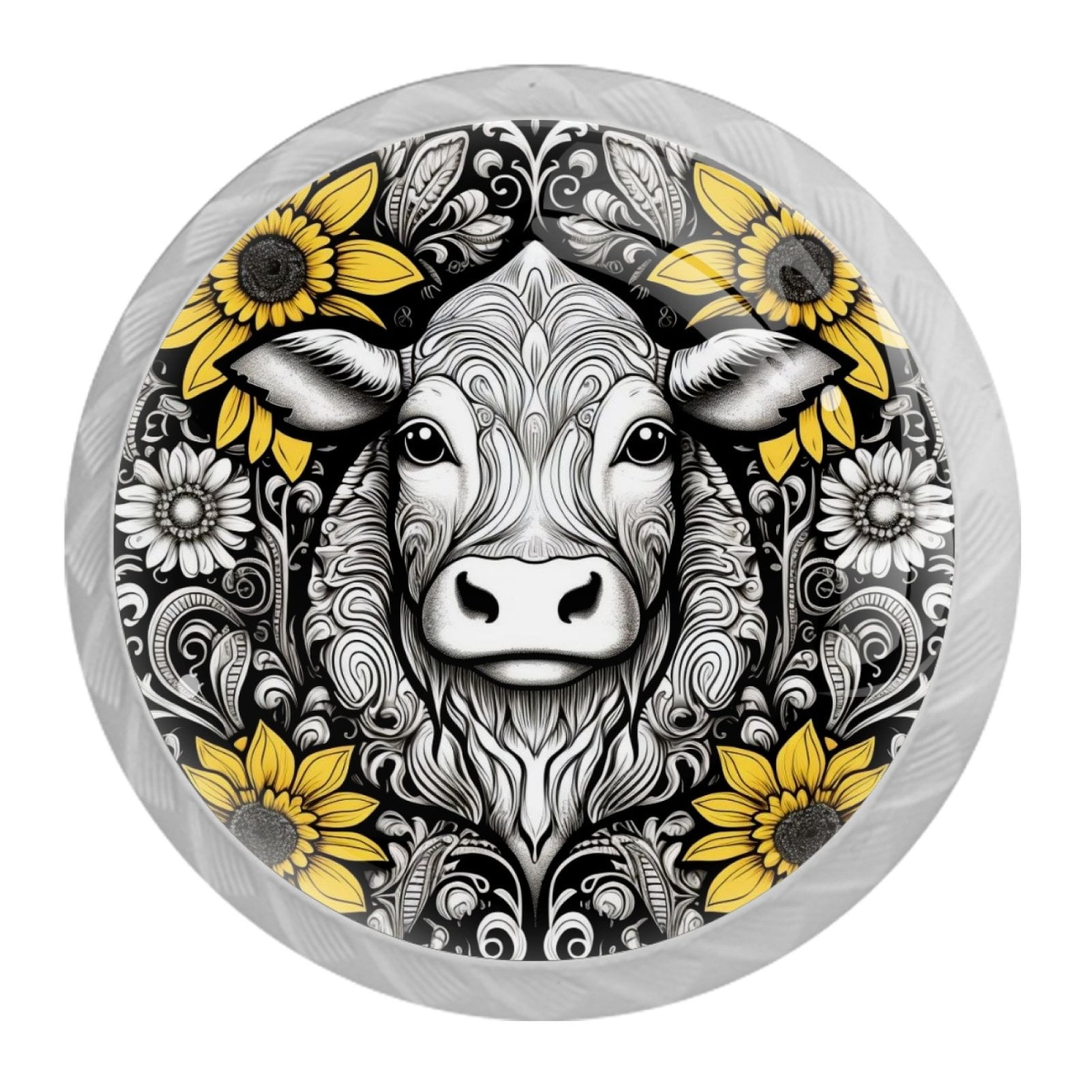 4 Pcs Cow and Sunflower Knobs for Kitchen Cabinet Cupboard Dresser Bookcase Drawer Pulls Handles Round Home Decor