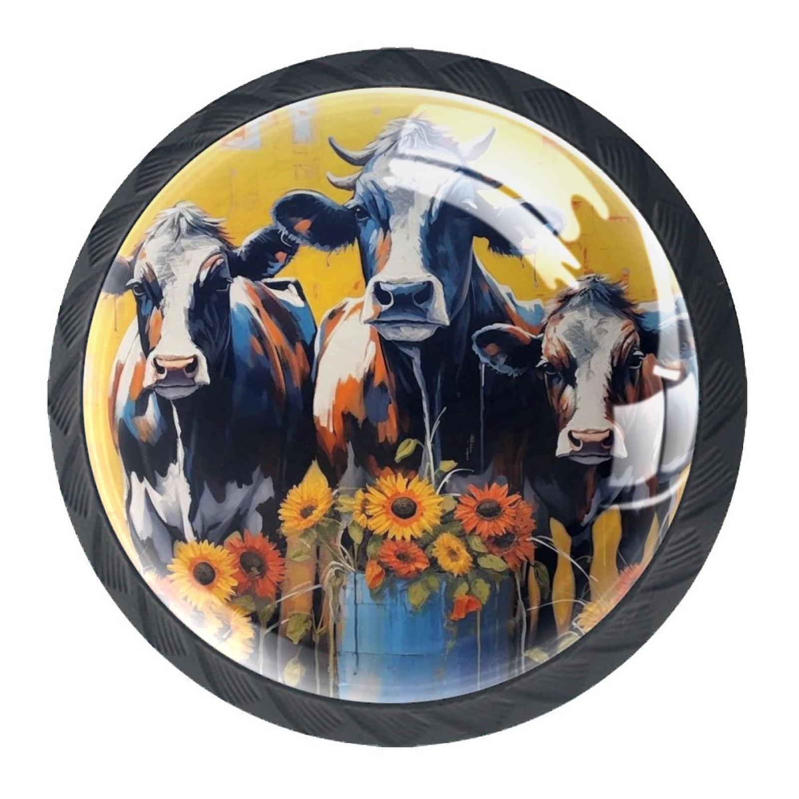 4 Pcs Cow and Sunflower Knobs for Kitchen Cabinet Cupboard Dresser Bookcase Drawer Pulls Handles Round Home Decor
