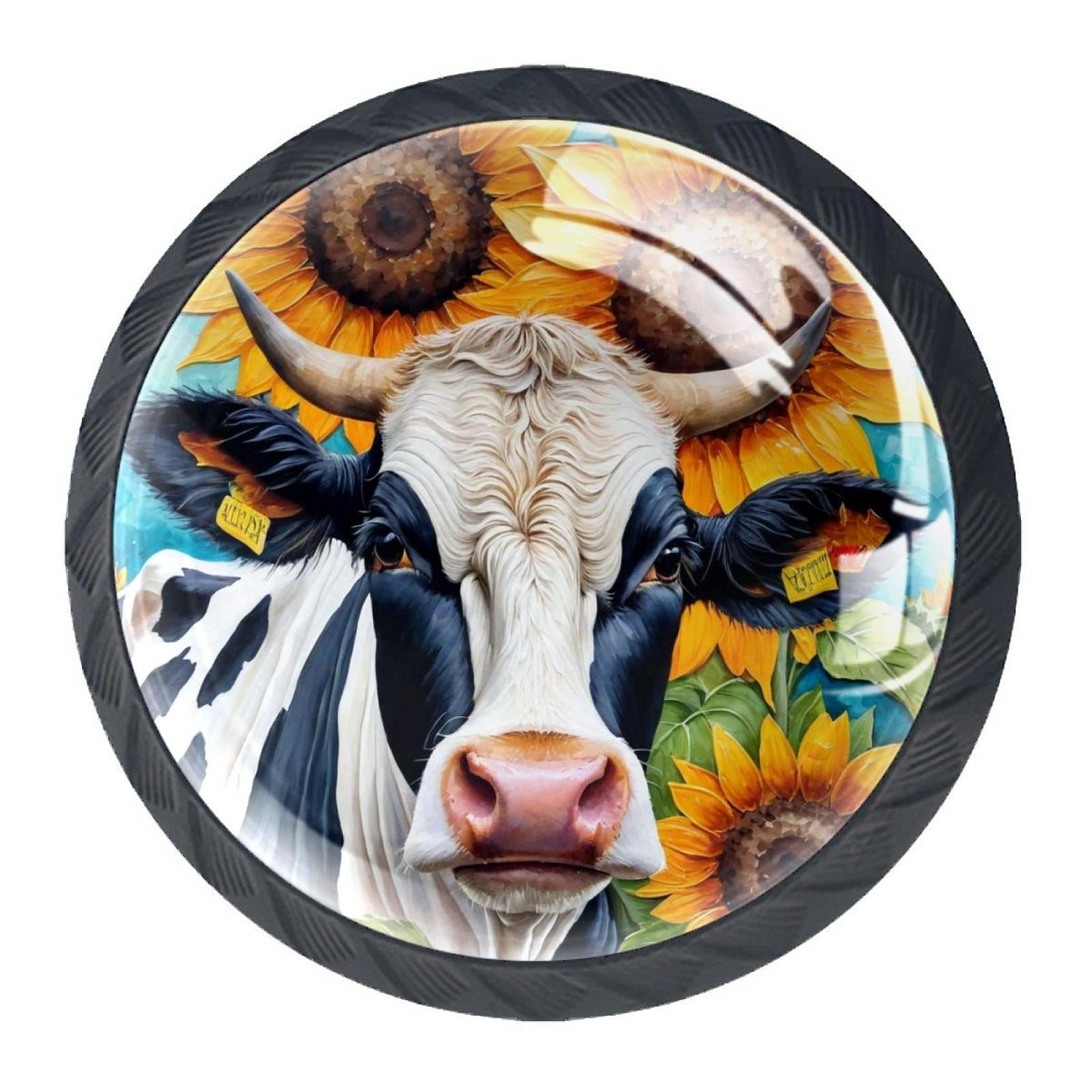 4 Pcs Cow and Sunflower Knobs for Kitchen Cabinet Cupboard Dresser Bookcase Drawer Pulls Handles Round Home Decor