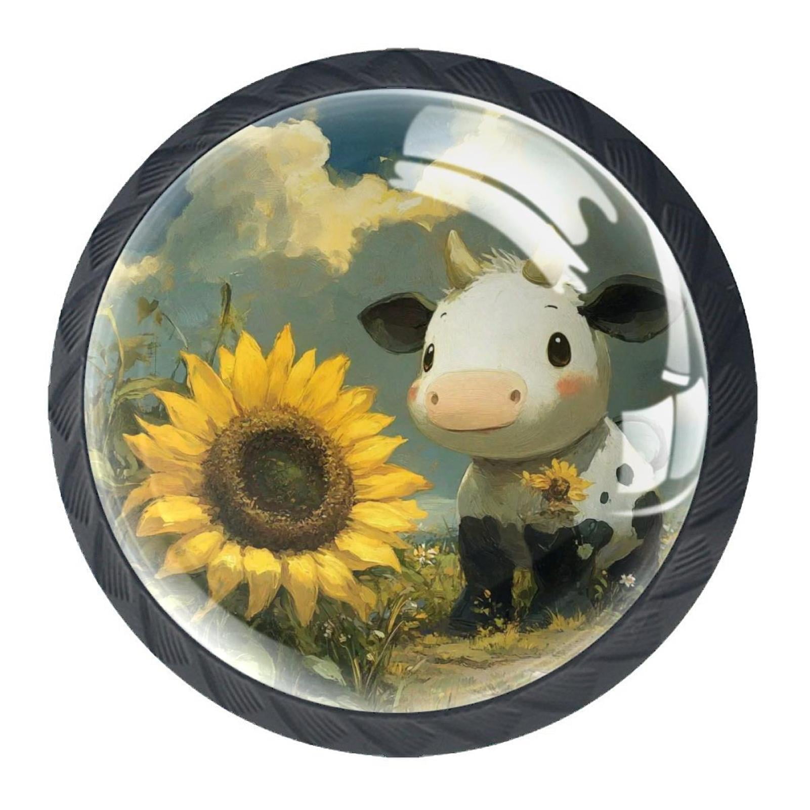 4 Pcs Cow and Sunflower Knobs for Kitchen Cabinet Cupboard Dresser Bookcase Drawer Pulls Handles Round Home Decor