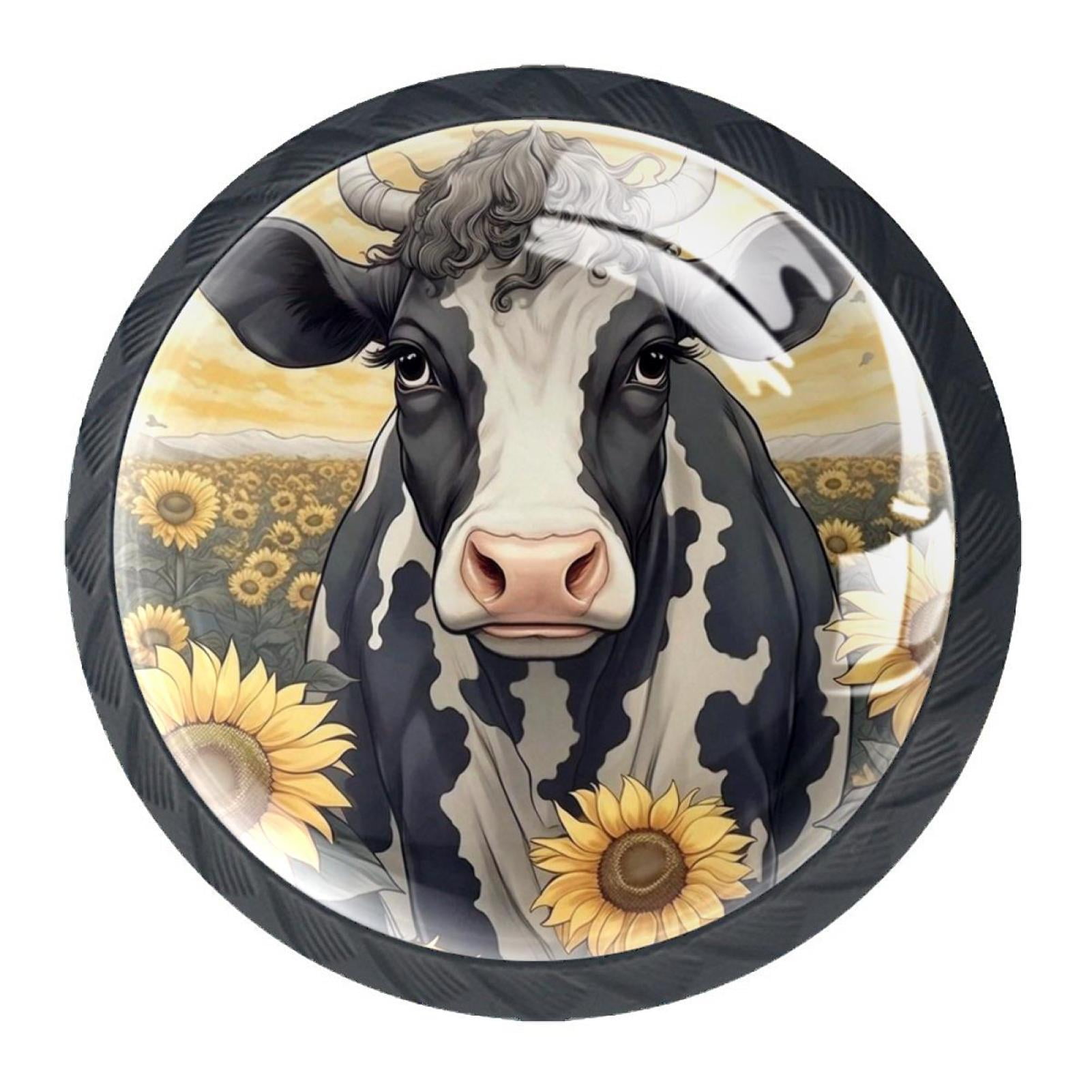 4 Pcs Cow and Sunflower Knobs for Kitchen Cabinet Cupboard Dresser Bookcase Drawer Pulls Handles Round Home Decor