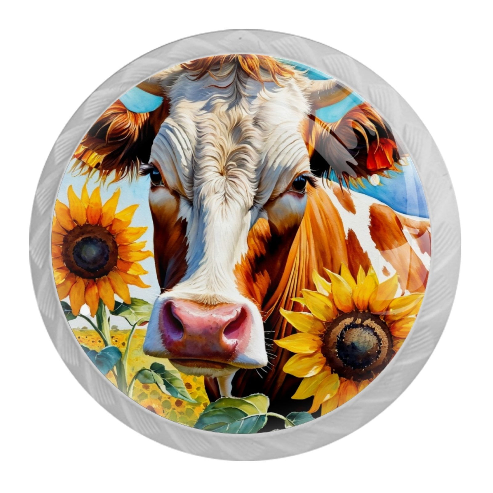 4 Pcs Cow and Sunflower Knobs for Kitchen Cabinet Cupboard Dresser Bookcase Drawer Pulls Handles Round Home Decor