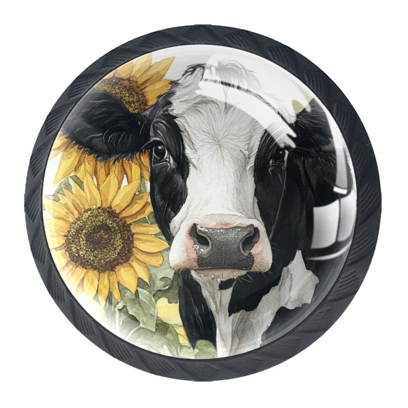 4 Pcs Cow and Sunflower Knobs for Kitchen Cabinet Cupboard Dresser Bookcase Drawer Pulls Handles Round Home Decor