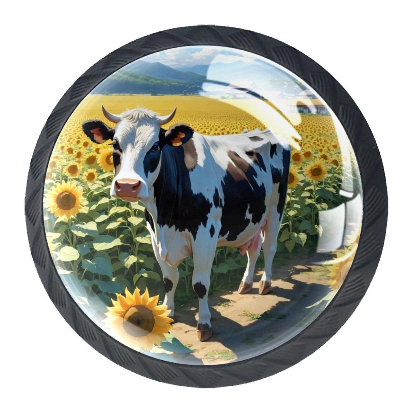 4 Pcs Cow and Sunflower Knobs for Kitchen Cabinet Cupboard Dresser Bookcase Drawer Pulls Handles Round Home Decor