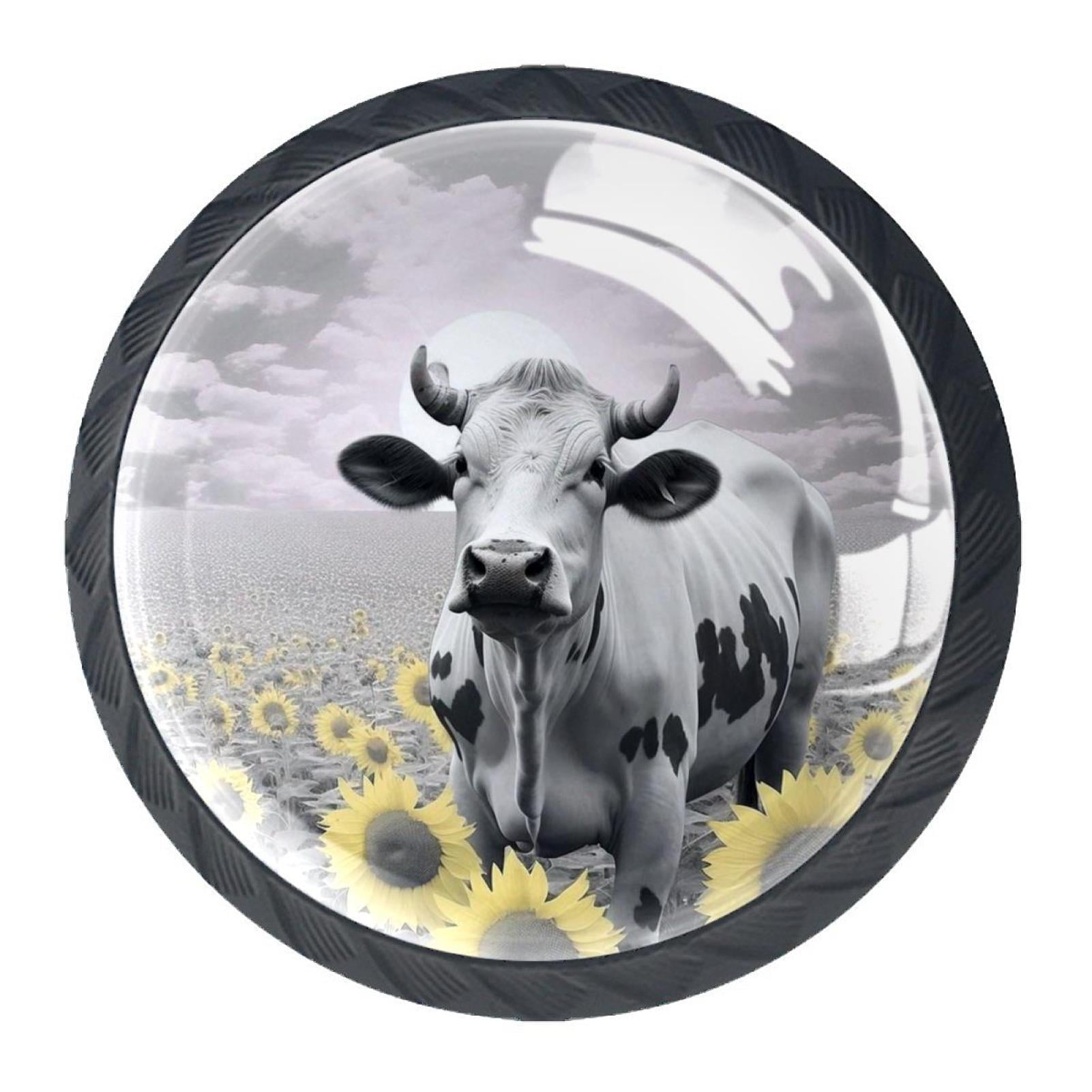4 Pcs Cow and Sunflower Knobs for Kitchen Cabinet Cupboard Dresser Bookcase Drawer Pulls Handles Round Home Decor