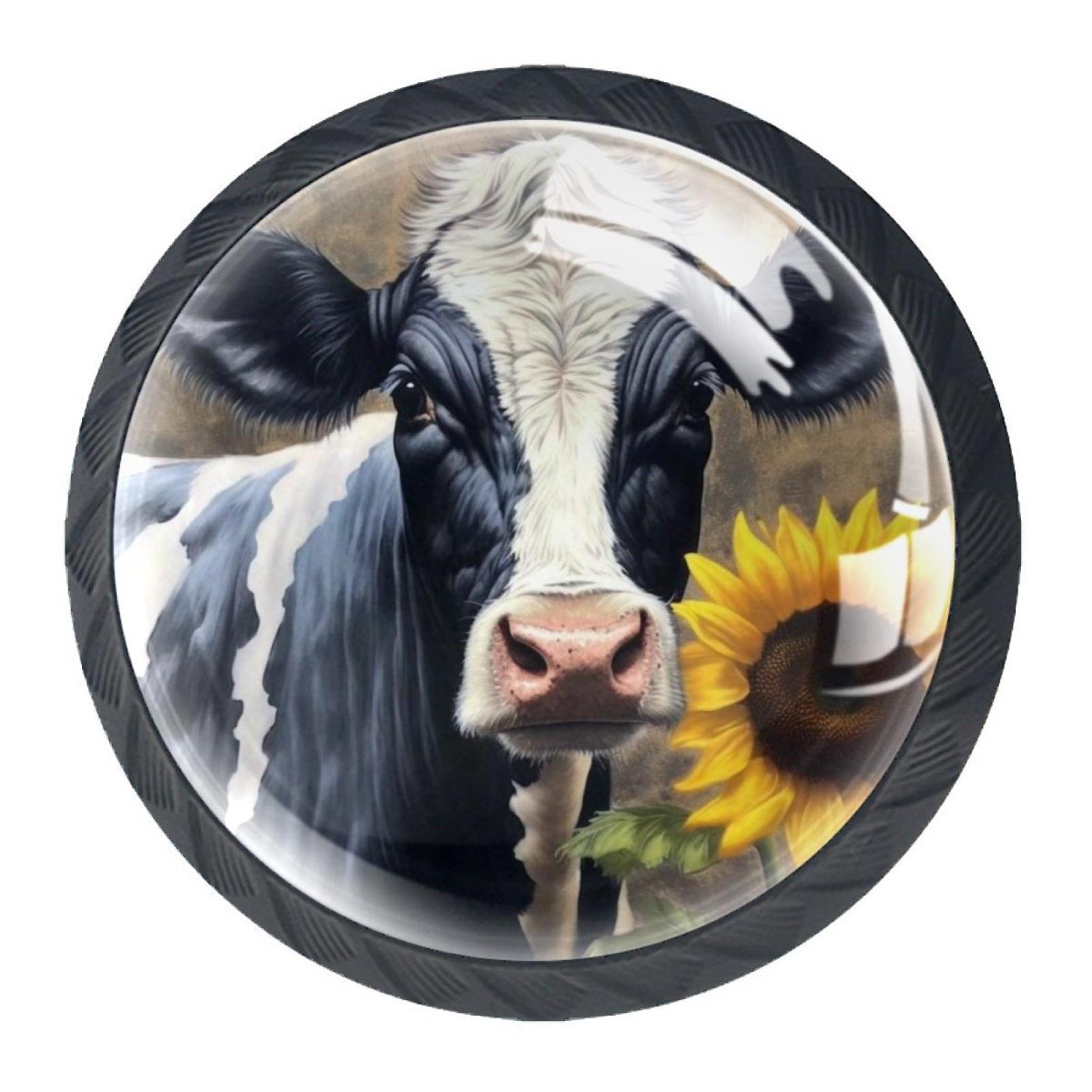 4 Pcs Cow and Sunflower Knobs for Kitchen Cabinet Cupboard Dresser Bookcase Drawer Pulls Handles Round Home Decor