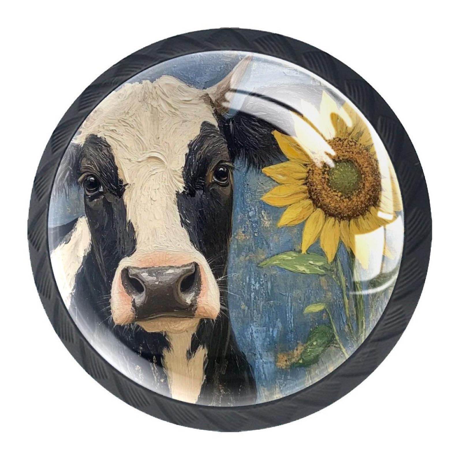 4 Pcs Cow and Sunflower Knobs for Kitchen Cabinet Cupboard Dresser Bookcase Drawer Pulls Handles Round Home Decor