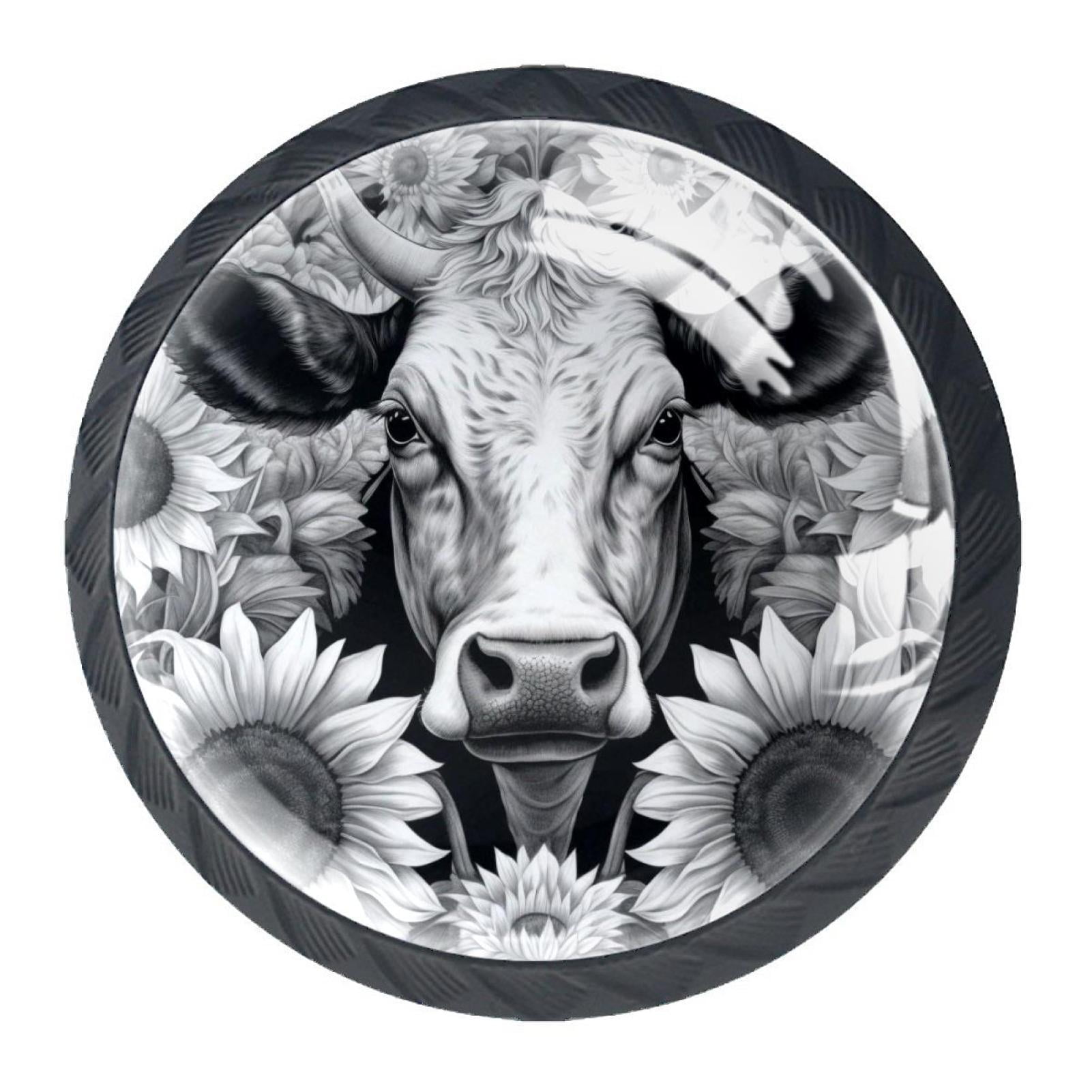 4 Pcs Cow and Sunflower Knobs for Kitchen Cabinet Cupboard Dresser Bookcase Drawer Pulls Handles Round Home Decor