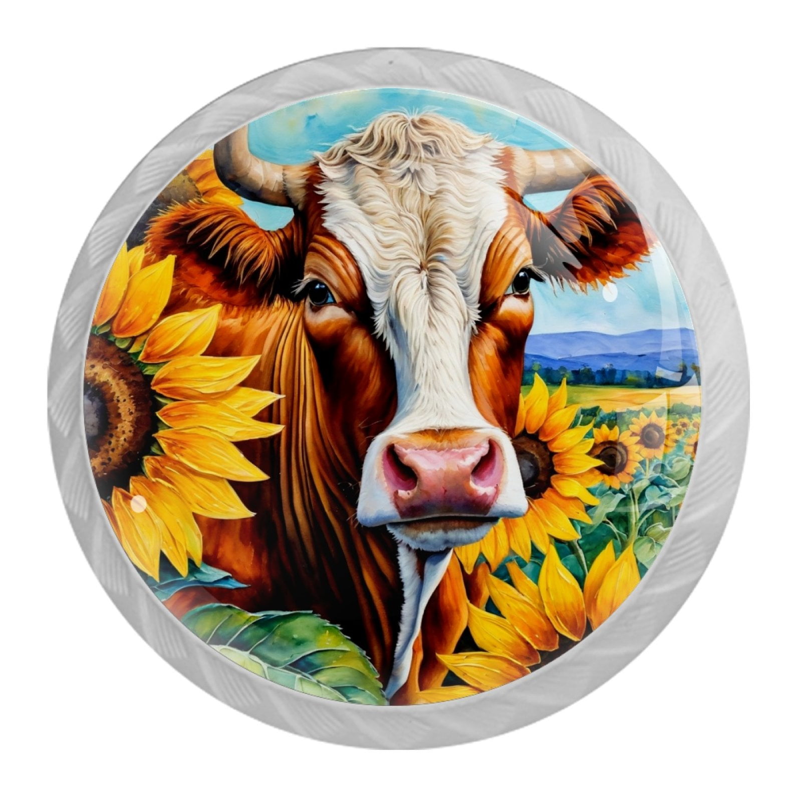 4 Pcs Cow and Sunflower Knobs for Kitchen Cabinet Cupboard Dresser Bookcase Drawer Pulls Handles Round Home Decor